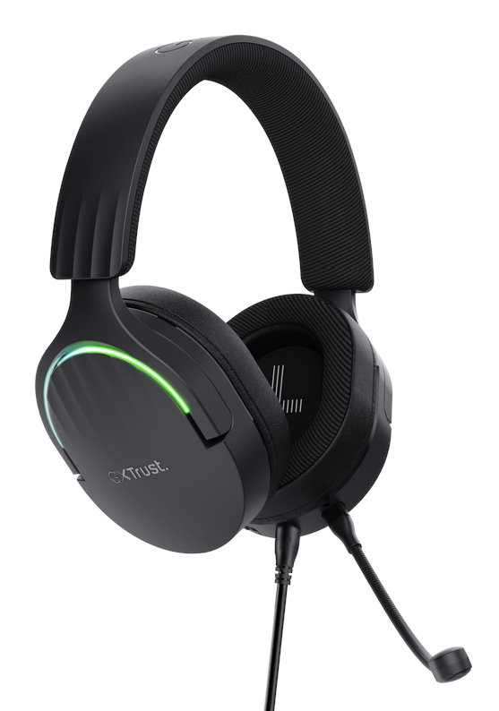 Czarny zestaw słuchawkowy dla graczy z mikrofonem i zielonymi światłami.