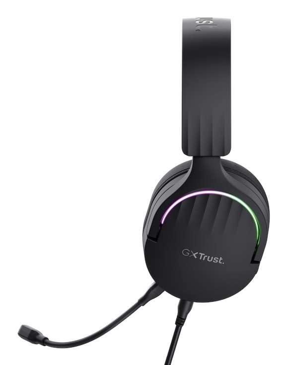 Czarne słuchawki gamingowe Trust z elastycznym mikrofonem i świecącymi akcentami.