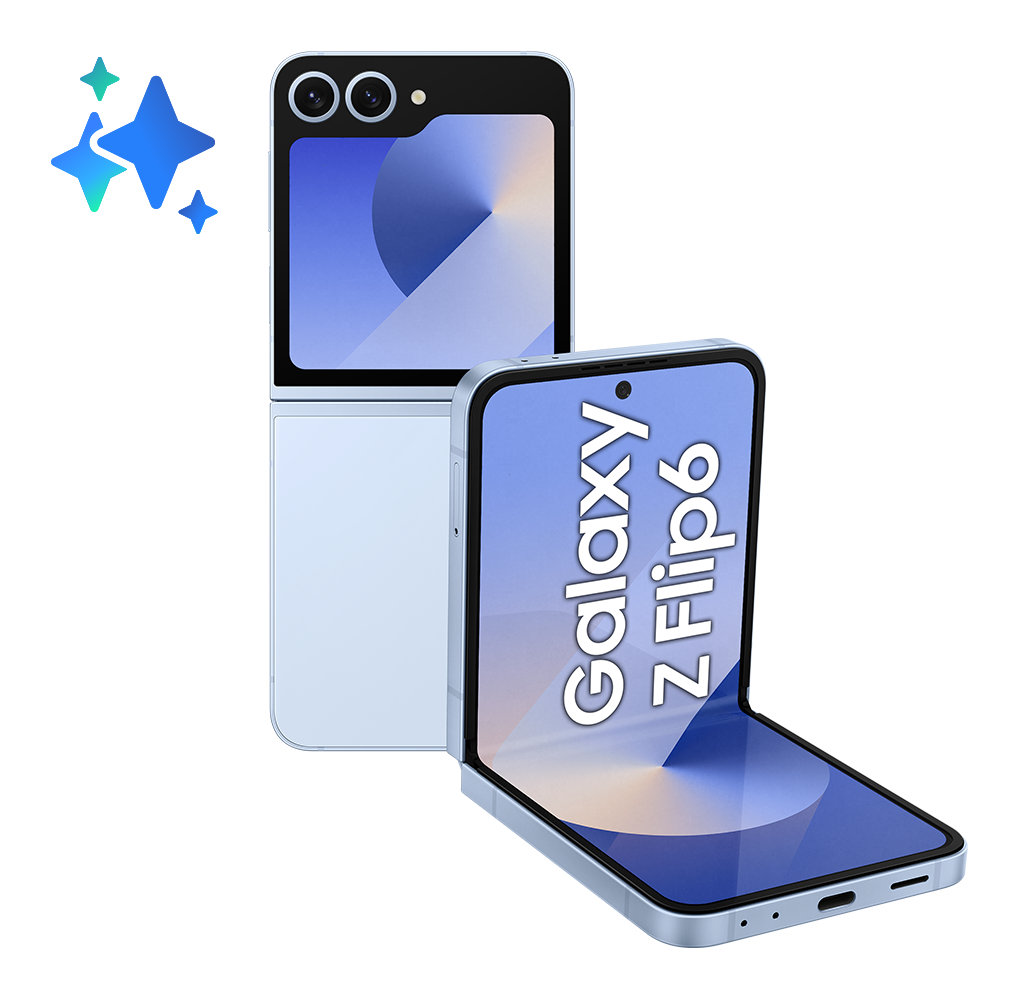 Telefon Samsung Galaxy Z Flip6. Niebieski, złożony i częściowo otwarty. Grafika gwiazd.