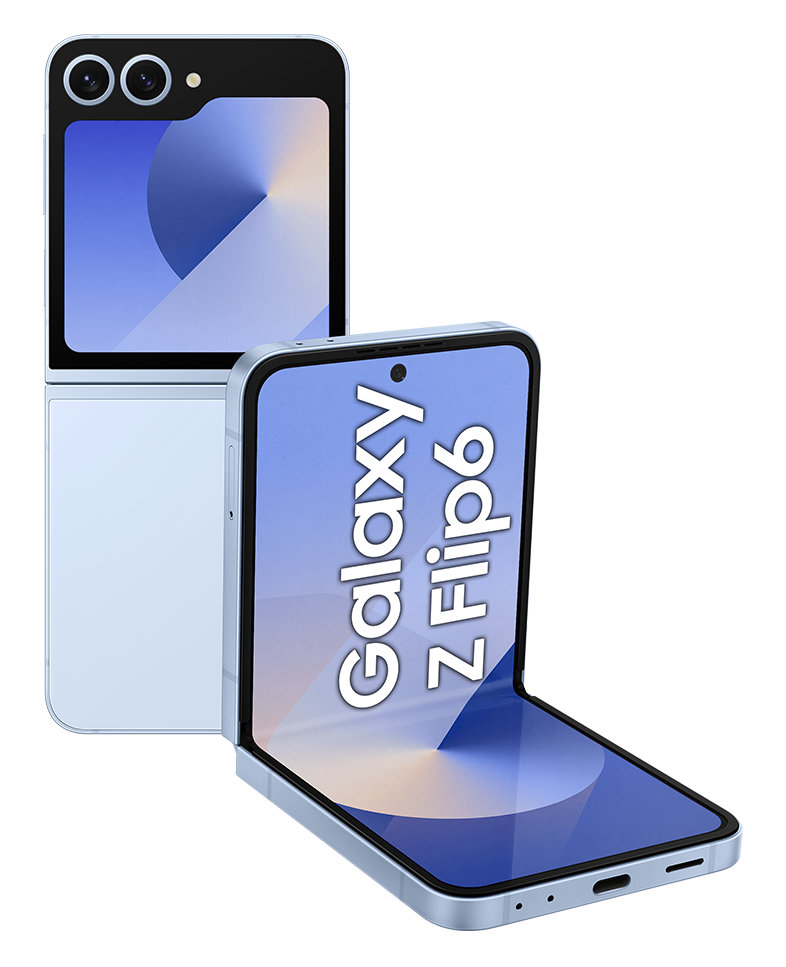 Dwa niebieskie składane telefony, jeden otwarty, drugi zamknięty. Ekran otwartego telefonu wyświetla tekst: Galaxy Z Flip6.