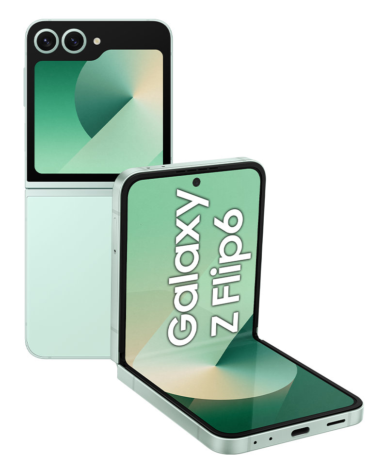 Telefon Samsung Galaxy Z Flip6 w kolorze miętowej zieleni, otwarty i zamknięty, pokazujący ekran i kamery.
