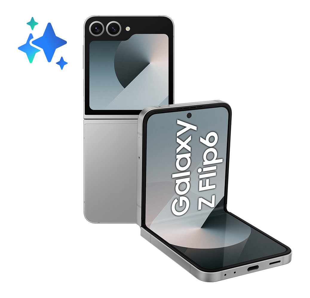 Srebrny składany telefon, częściowo otwarty, z napisem 'Galaxy Z Flip6'. Dwie gwiazdki u góry po lewej.