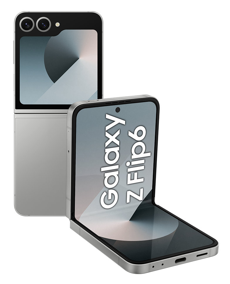 Dwa srebrne składane telefony, jeden otwarty, pokazujący ekran. Tło jest rozmyte.