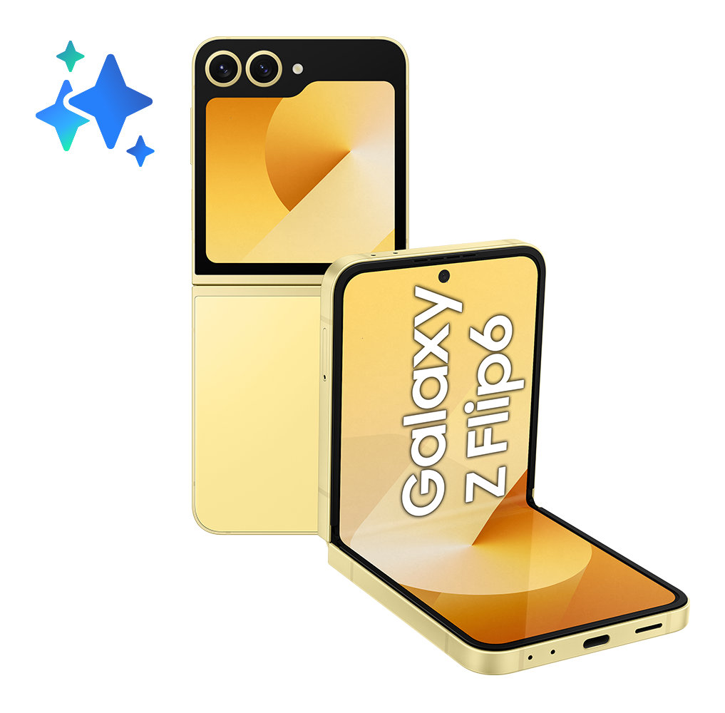 Złoty składany telefon z przednim ekranem wyświetlającym tekst 'Galaxy Z Flip6'.