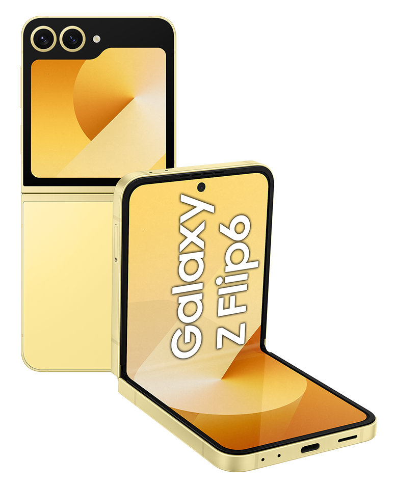 Złoty Samsung Galaxy Z Flip6, otwarty, pokazuje ekran i składaną konstrukcję.