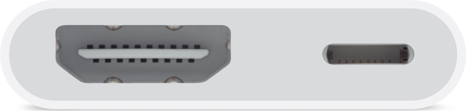 Weißer Adapter mit HDMI- und USB-C-Anschlüssen, Nahaufnahme.