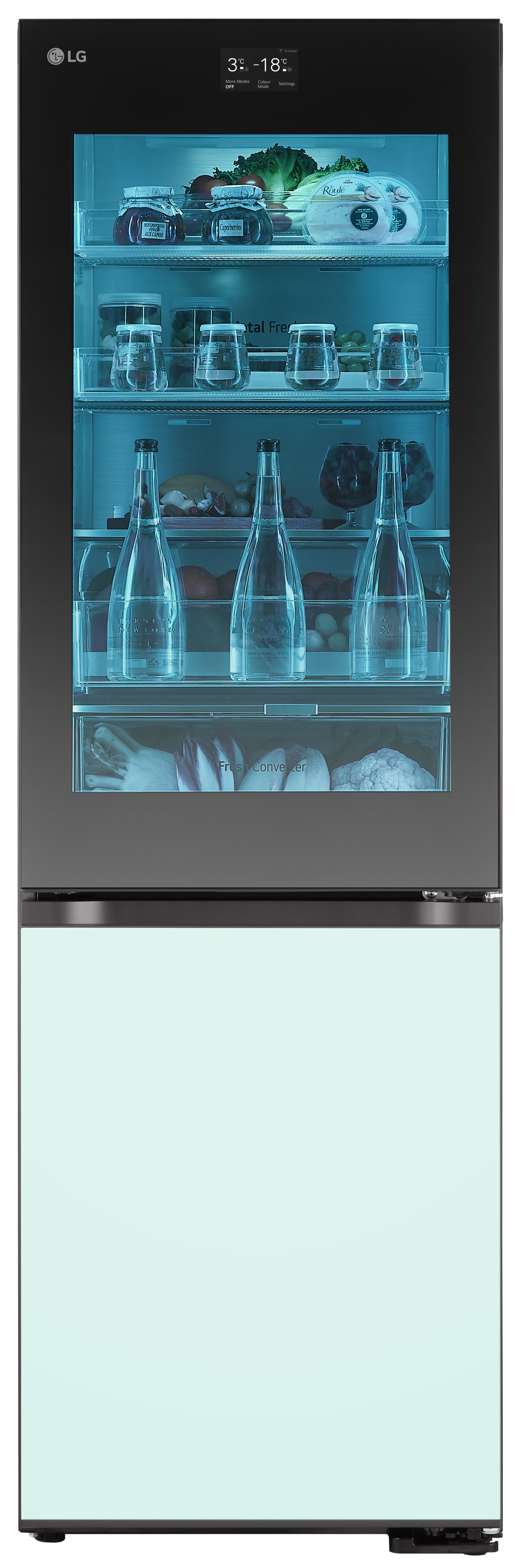 Lodówka ze szklanymi drzwiami, pełny widok, niebieskie światło.