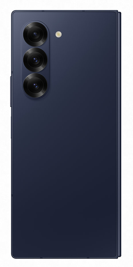 Niebieski telefon Samsung Galaxy Z Fold3, zamknięty, widok z tyłu z kamerami.