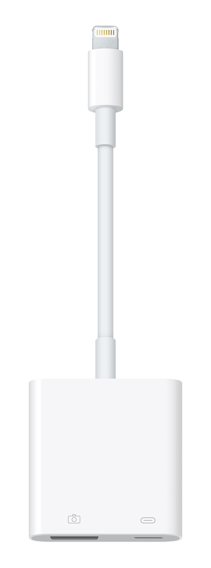 Adaptateur Apple blanc avec ports Lightning et USB.
