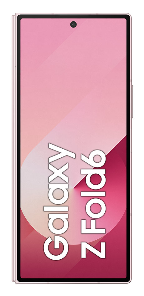 Różowy telefon Samsung Galaxy Z Fold6, otwarty, wyświetlający ekran z nazwą.