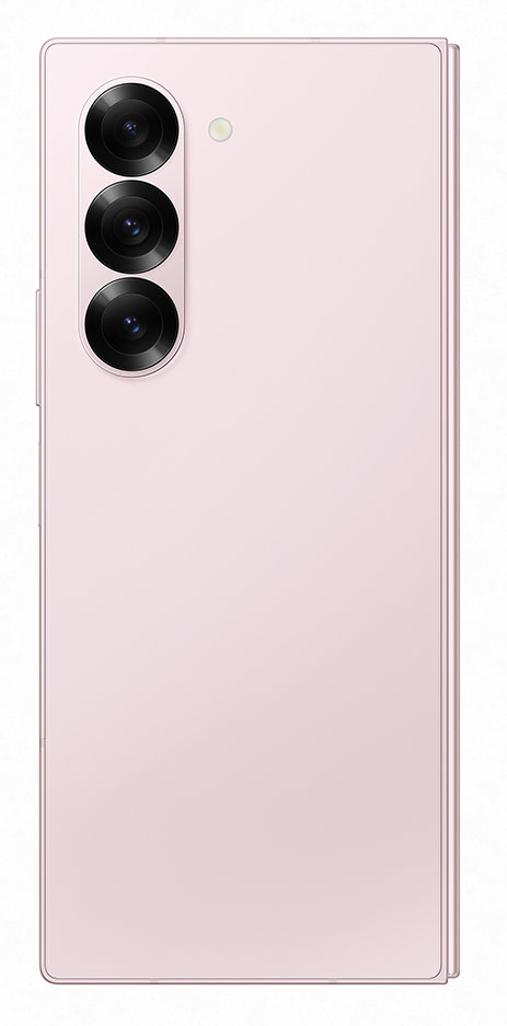 Różowy składany smartfon z trzema tylnymi aparatami.
