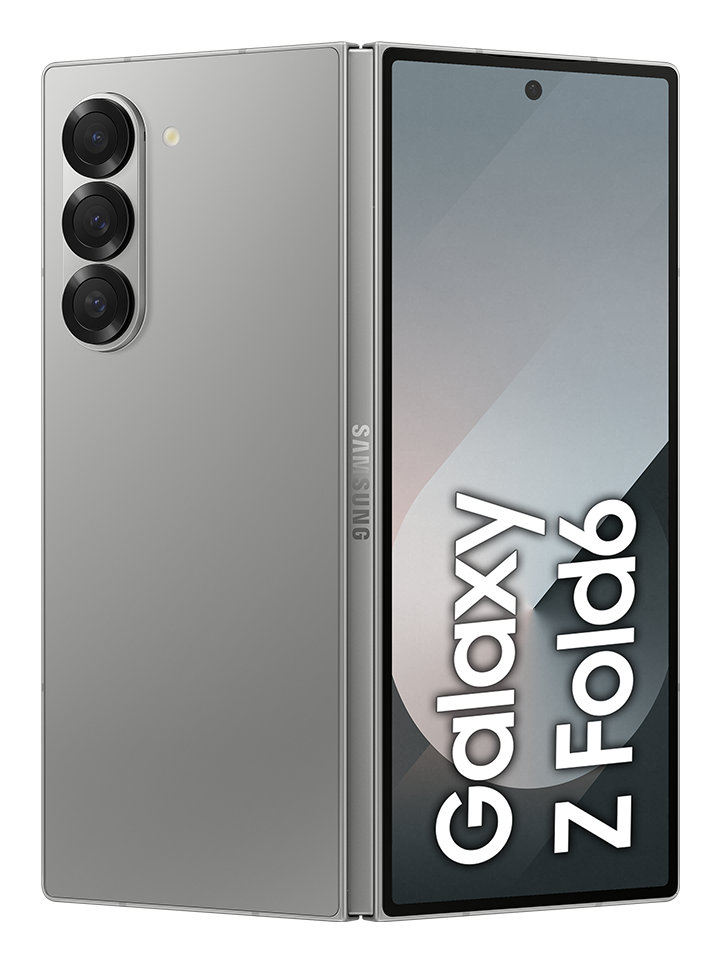 Srebrny Samsung Galaxy Z Fold6, otwarty. Wyświetla jasnoszary ekran, widoczne obiektywy aparatu.