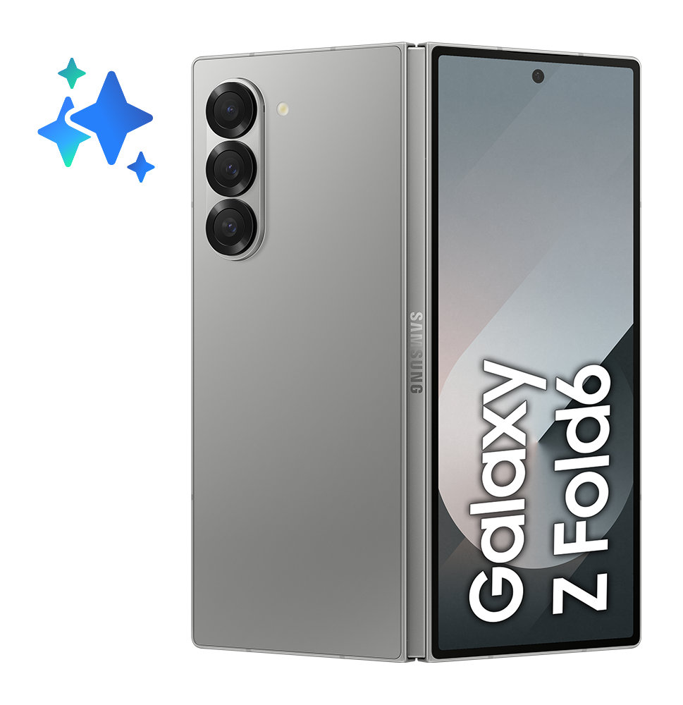 Srebrny składany telefon Samsung Galaxy Z Fold6 z potrójnym aparatem i przednim wyświetlaczem.