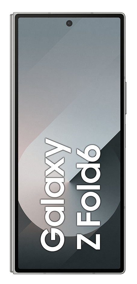 Srebrny telefon Galaxy Z Fold6, złożony, z tekstem na ekranie.