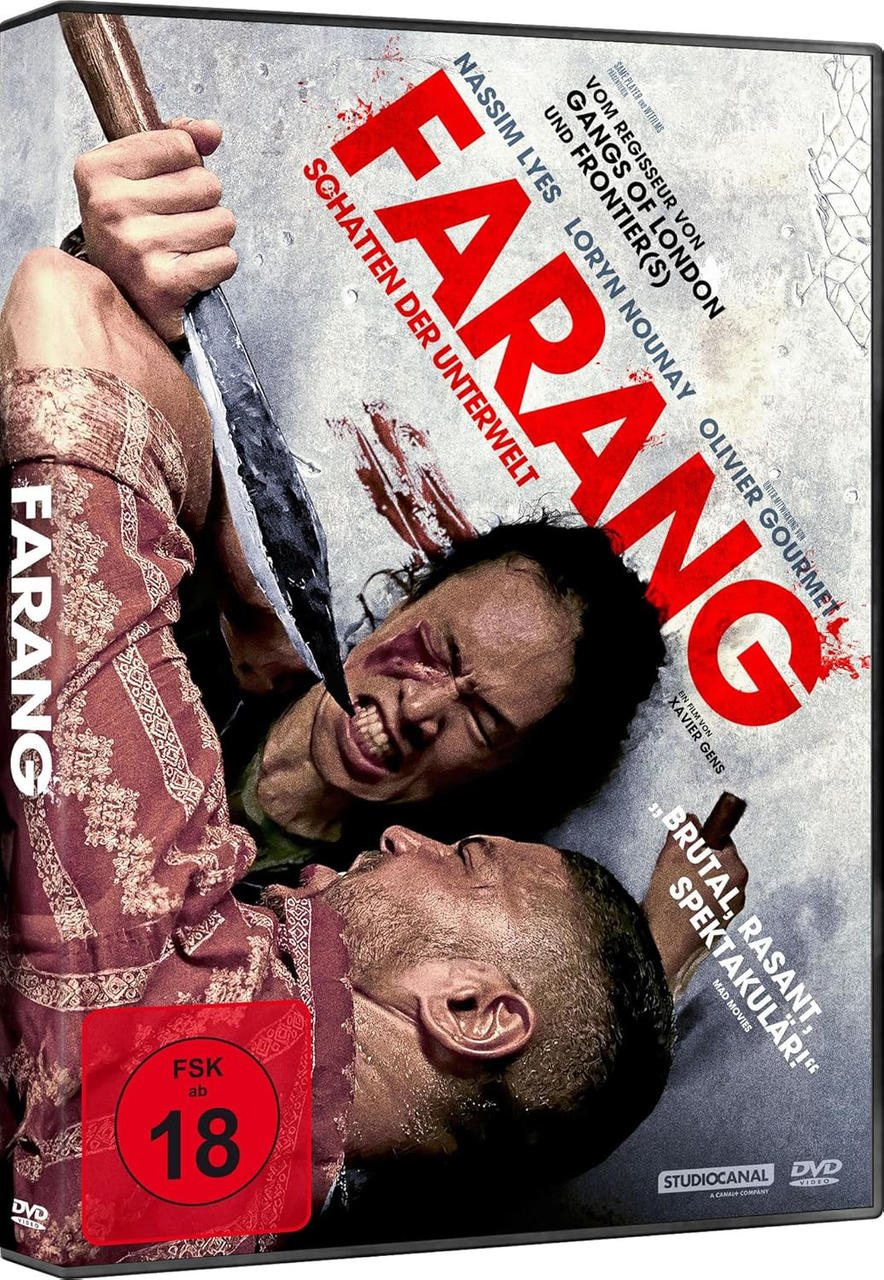 DVD-Cover von 'Farang'. Zwei Männer kämpfen, einer mit Messer, Blutspritzer.