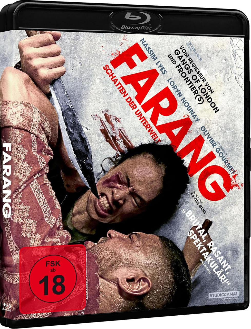 DVD-Hülle mit Filmcover. Gesichter von Menschen in einem Kampf, Blut, Titel 'Farang'.