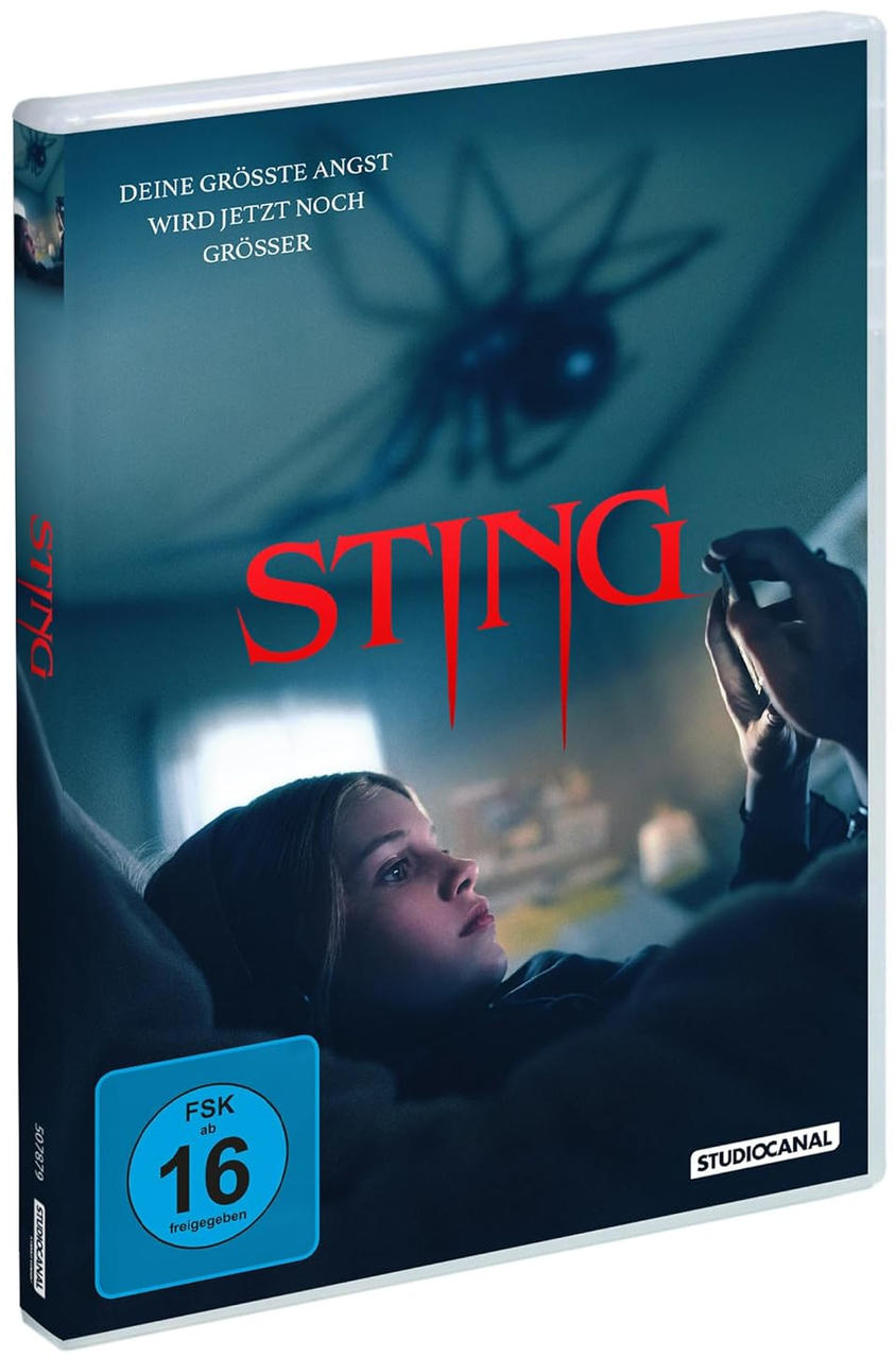 DVD-Cover für einen Horrorfilm 'Sting' mit einem Mädchen und einer Spinne.