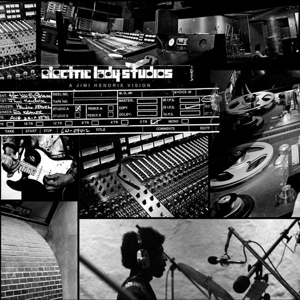 Un collage d'un studio d'enregistrement, comprenant des consoles de mixage, un musicien et du matériel.