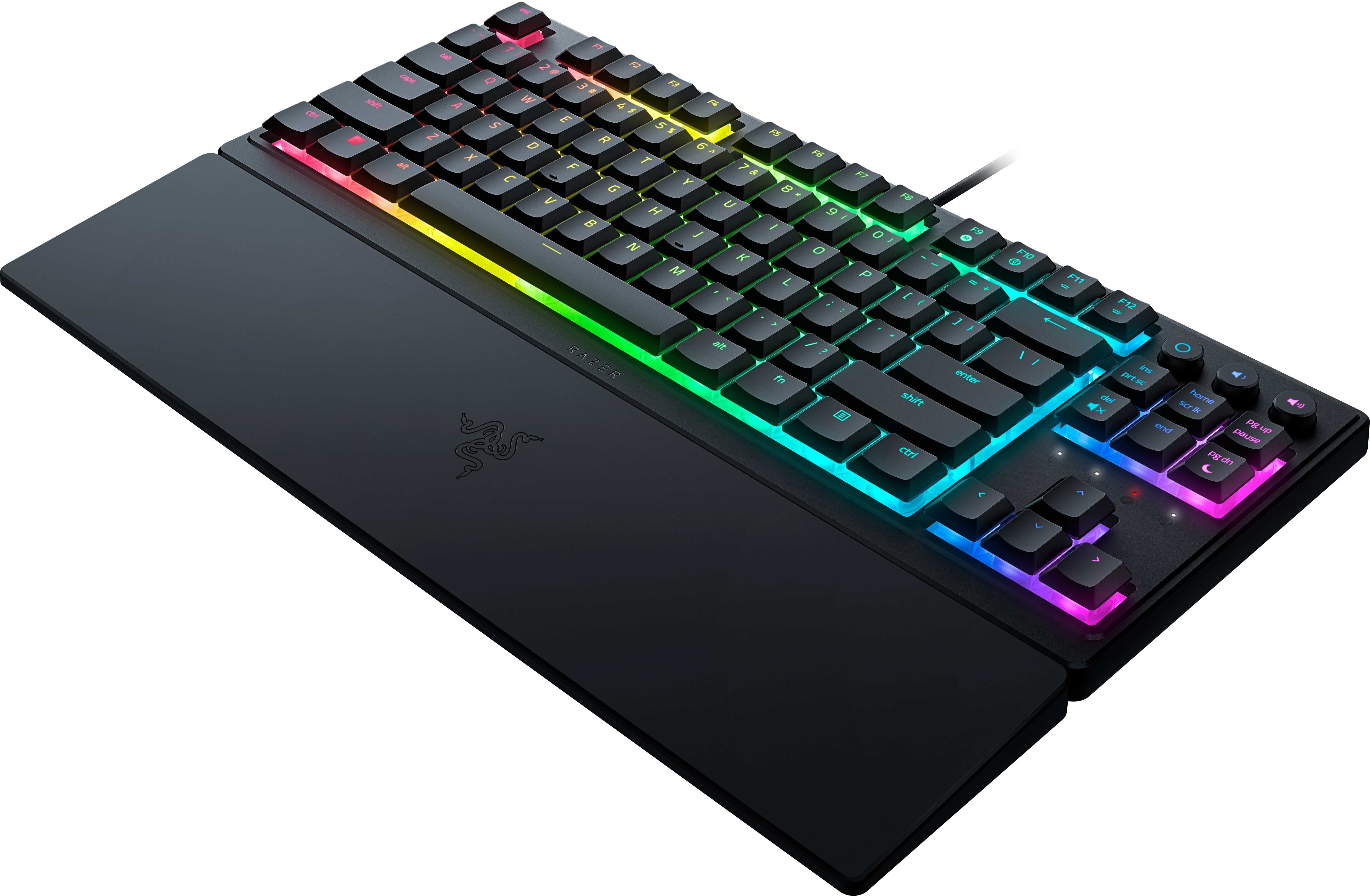Tastiera nera con luci RGB, poggiapolsi e logo Razer.