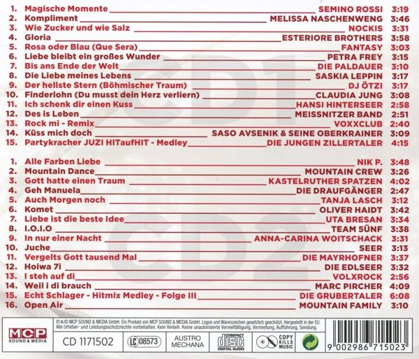 Album-Rückseite mit Titelliste, Künstlernamen und Copyright-Info.