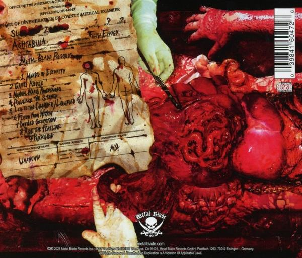 Albumcover mit Gore und anatomischen Illustrationen. Enthält Text und ein Metal Blade Records Logo.