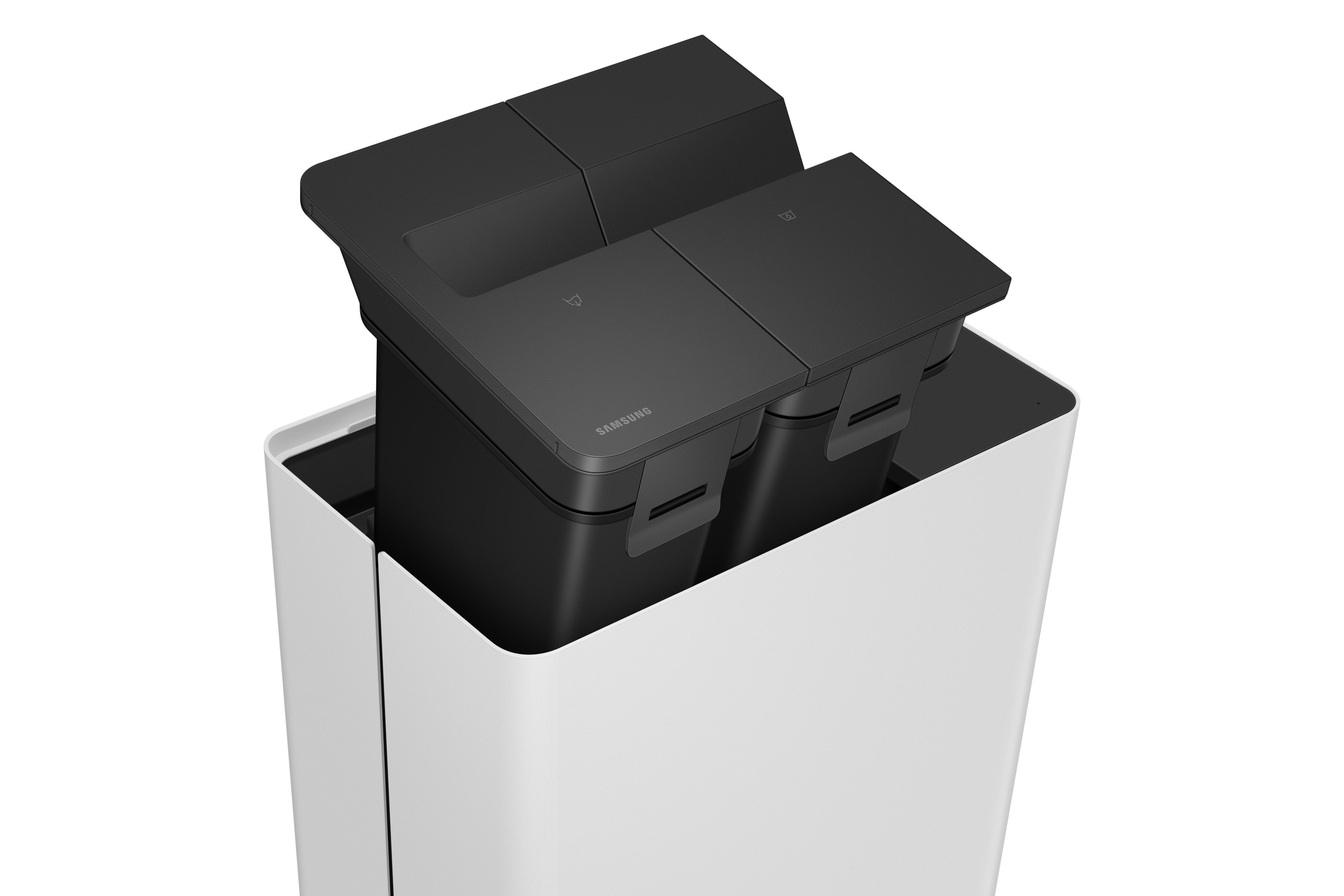 Weiß-schwarzer Staubsauger mit zwei schwarzen Behältern und weißer Basis, Samsung-Logo.