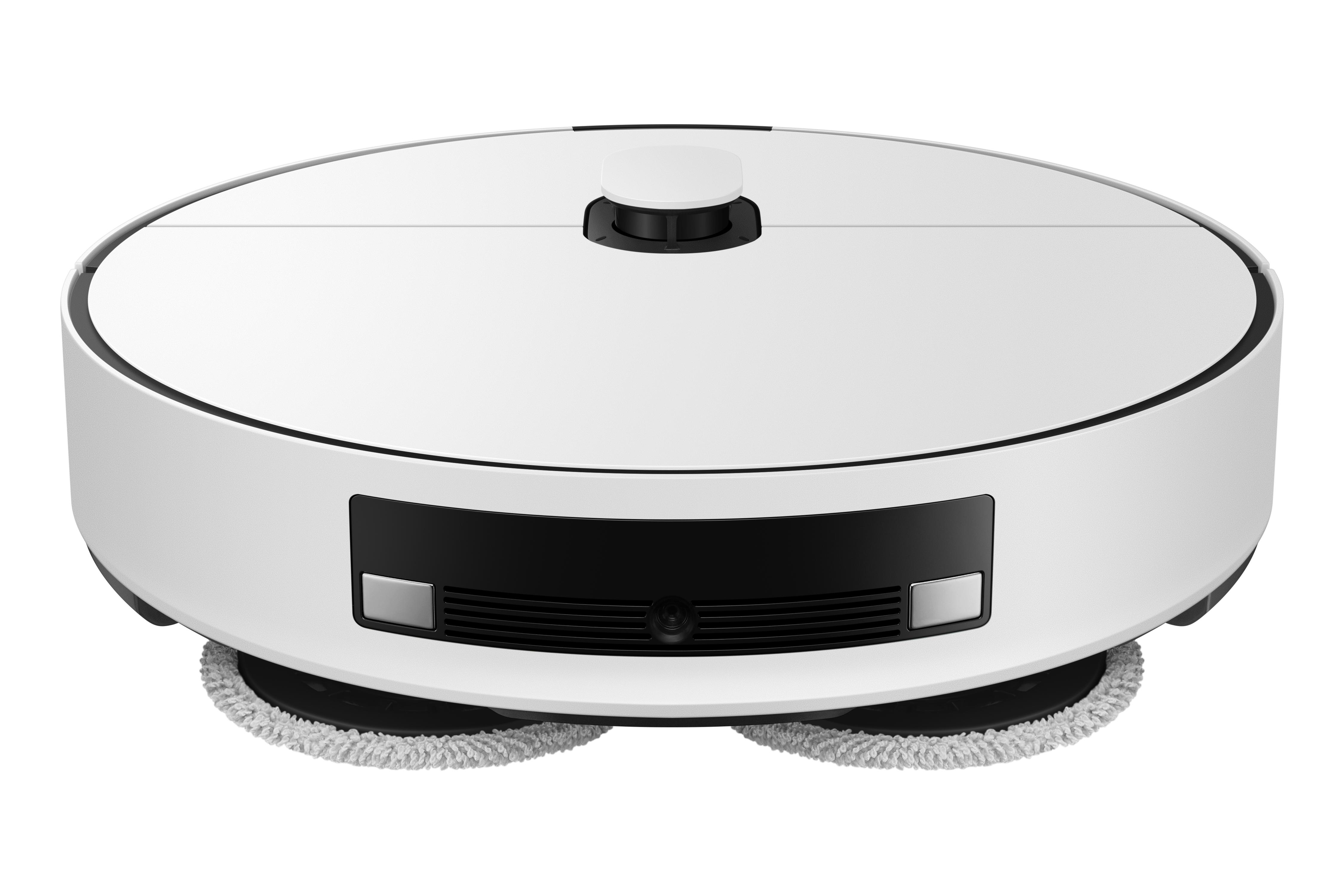Ein weißer Roboter-Staubsauger mit zwei Reinigungspads an der Unterseite.