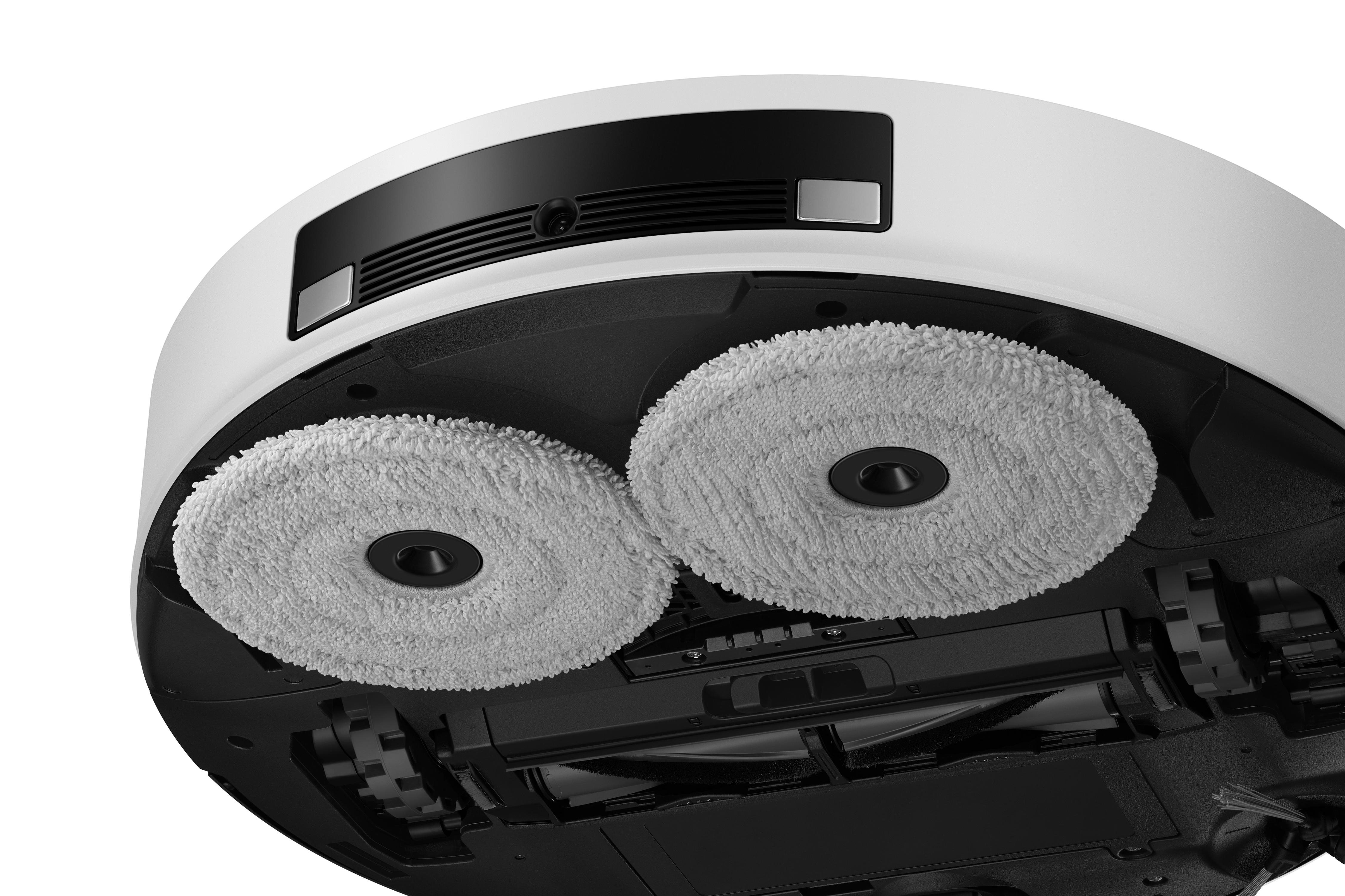 Die Unterseite eines weißen Roboter-Staubsaugers.