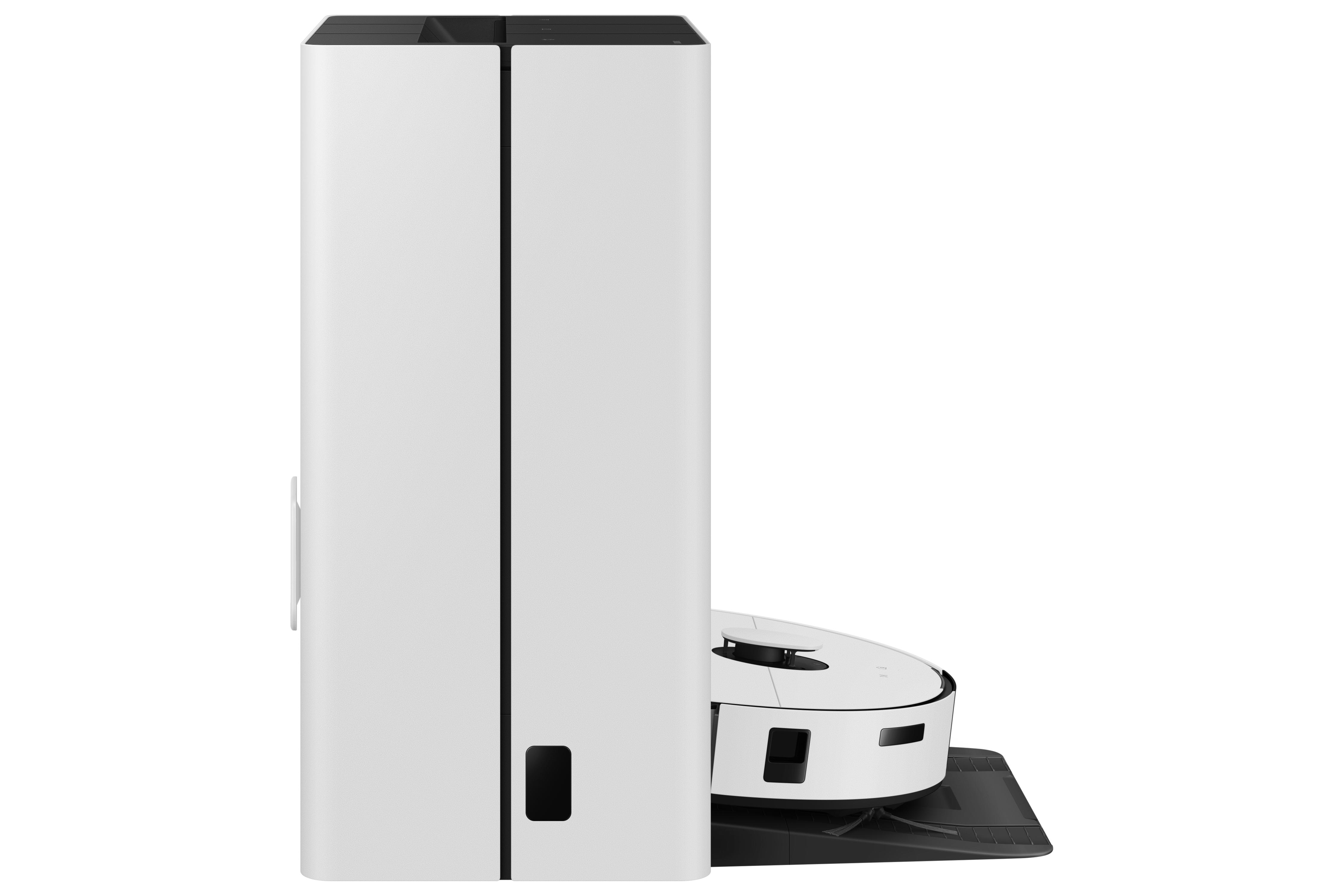 Weißer Roboter-Staubsauger und seine Ladestation.