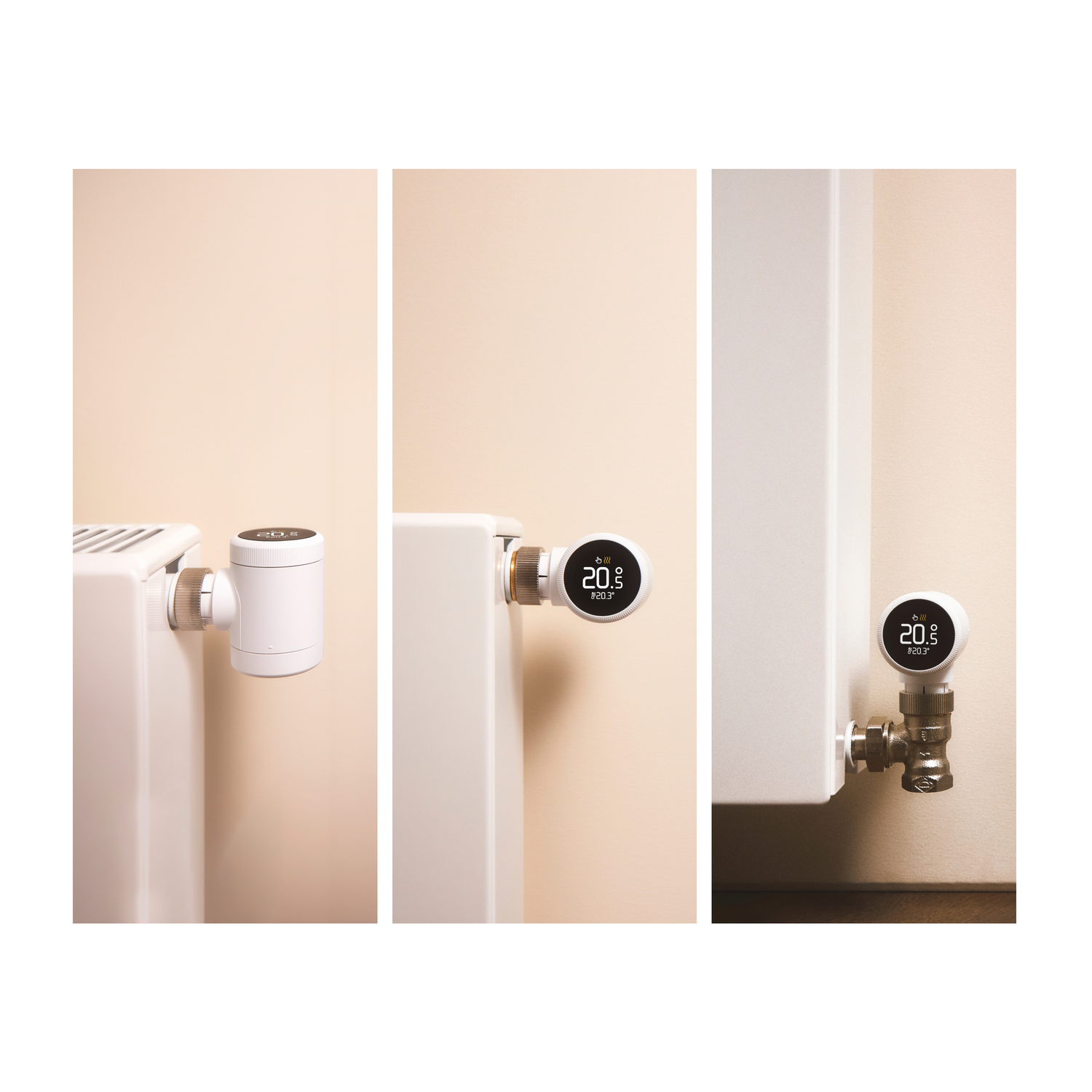Three smart radiator thermostats in front of a beige wall, with a white radiator.