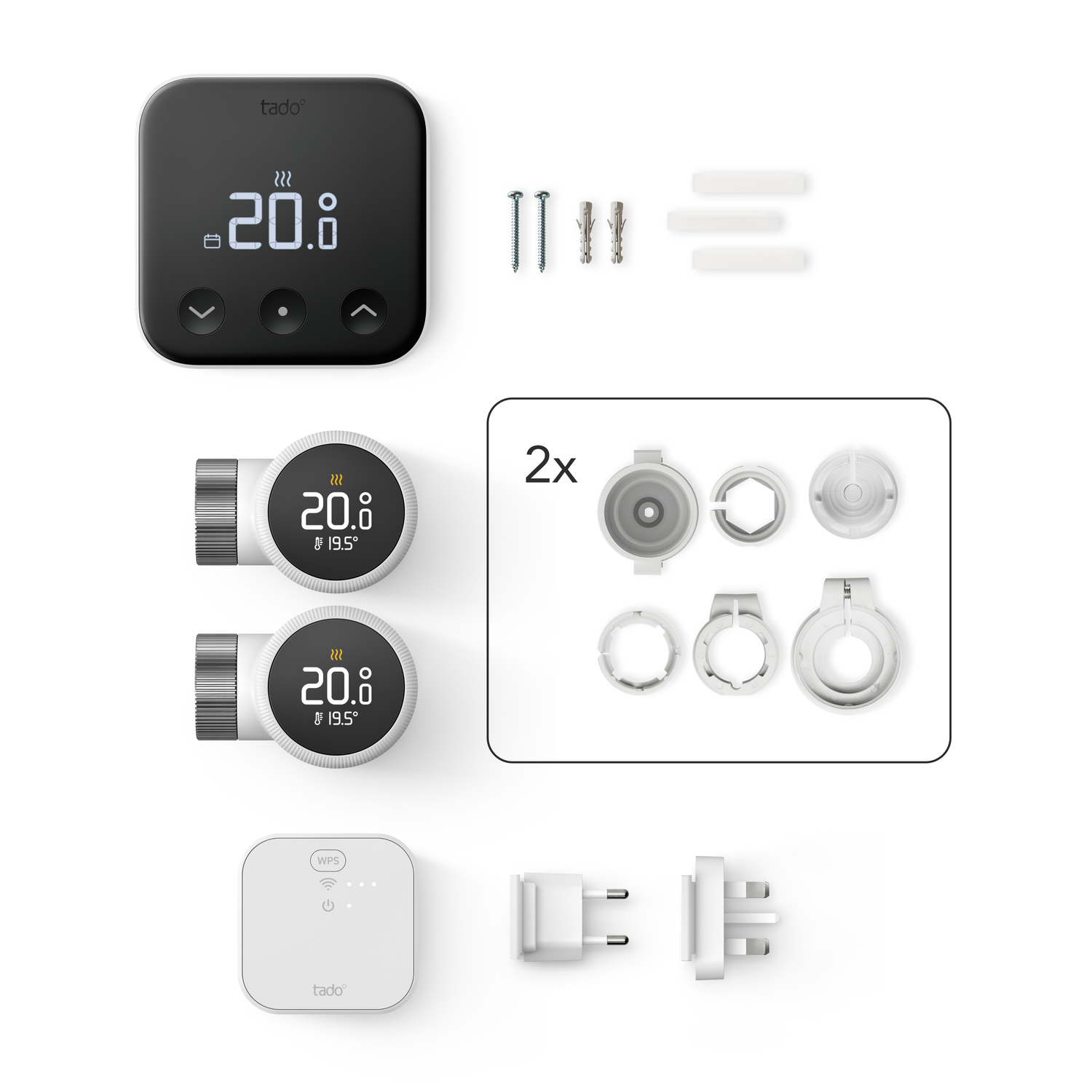 A Tado smart thermostat set, two radiator thermostats, and accessories are displayed on a white background.