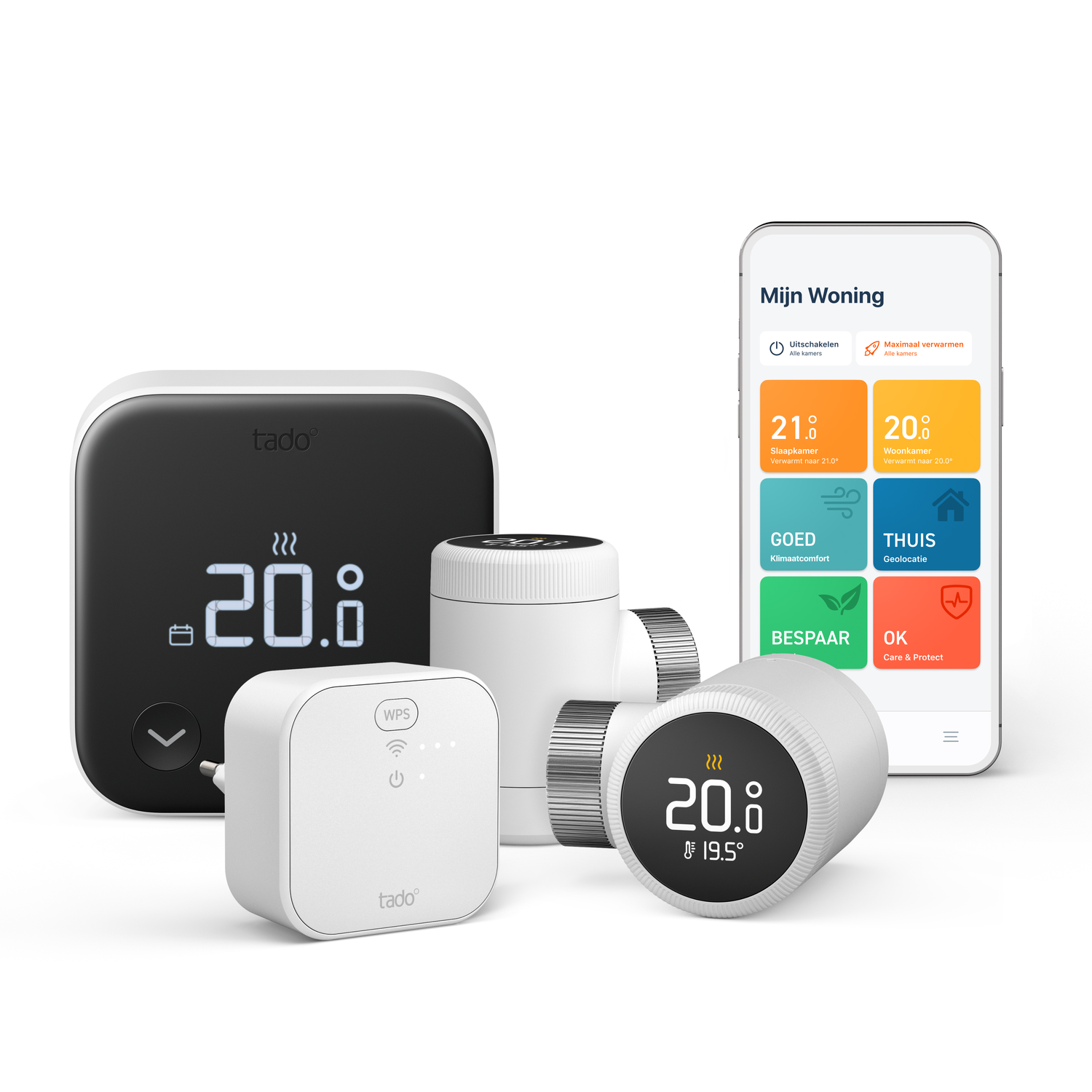 Smart home devices, a black thermostat, white radiators, and a smartphone displaying a control panel.