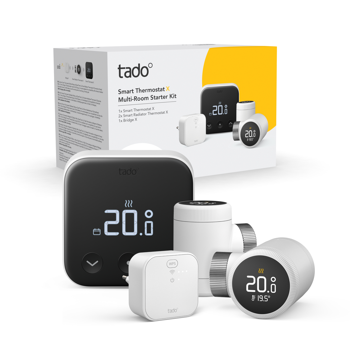 Tado smart thermostat starter kit. Box, thermostat, and accessories.