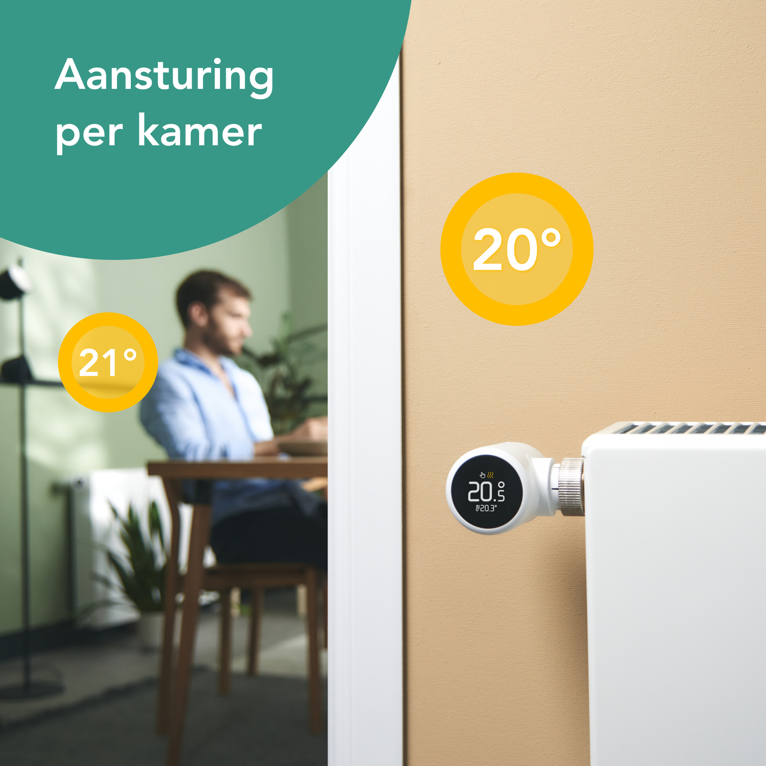 Close-up of a smart thermostat on a radiator with a man in the background.