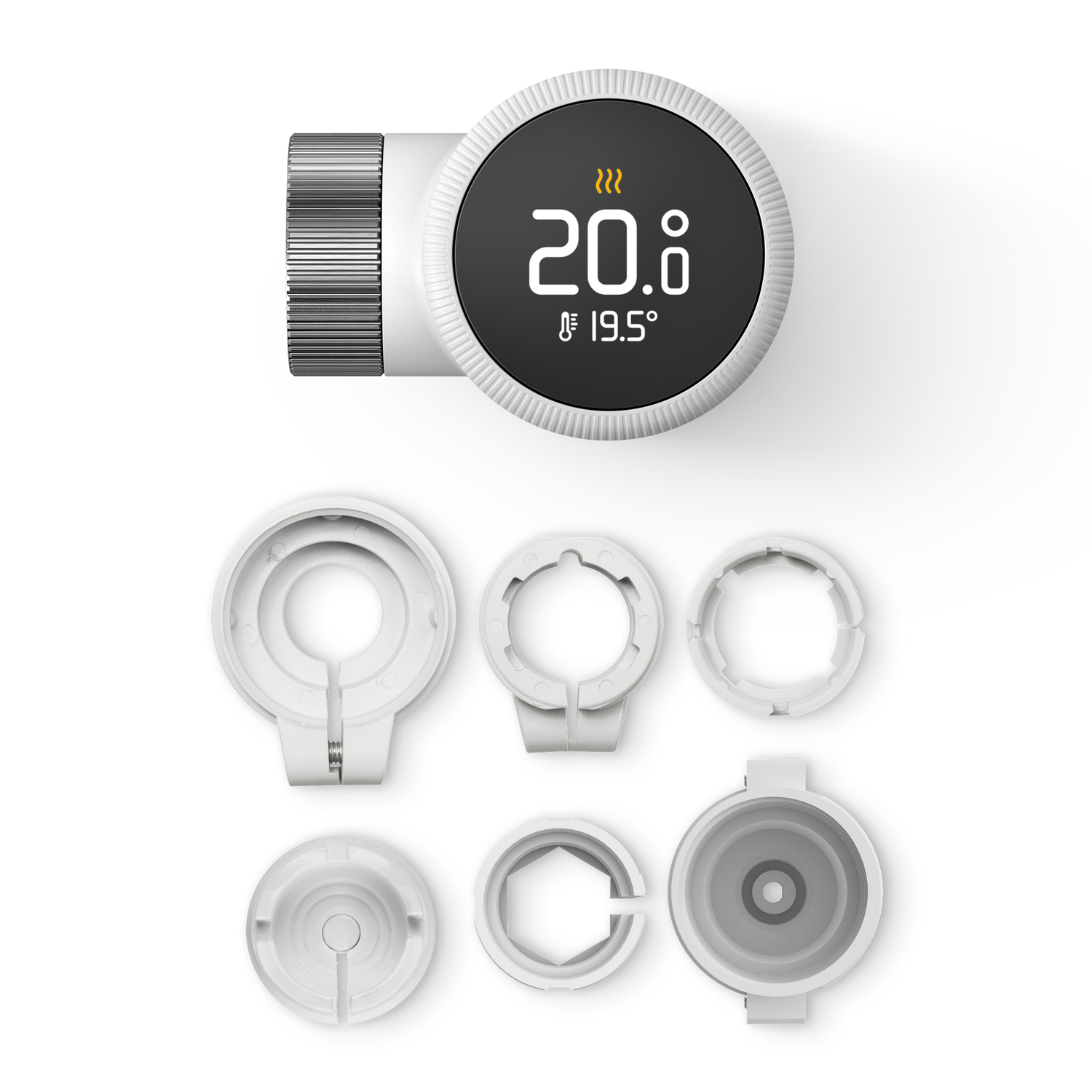 A white smart thermostat with a digital display and various mounting components.