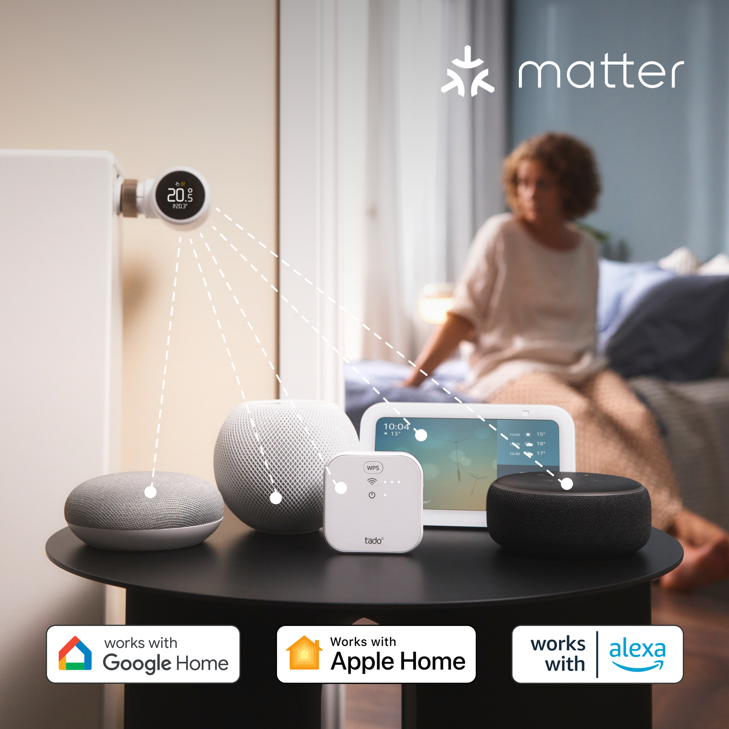 Smart home setup with devices and Matter branding.