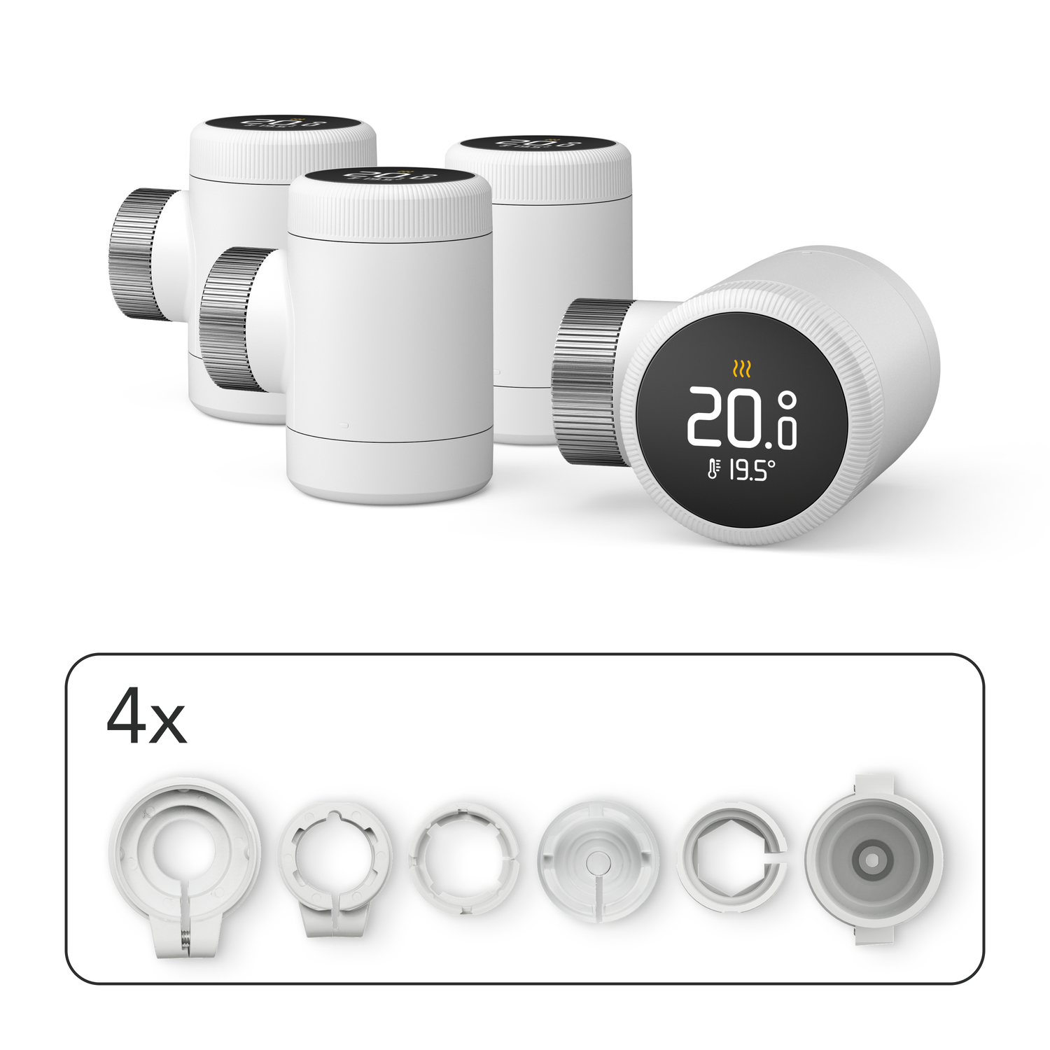Een witte slimme thermostaat met een zwart scherm en accessoires.