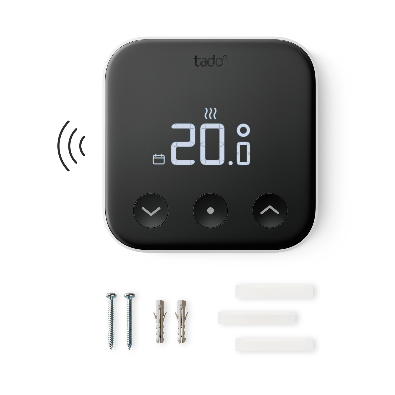Black smart thermostat with a digital display showing 20.0. Three buttons below. Screws and plugs below.