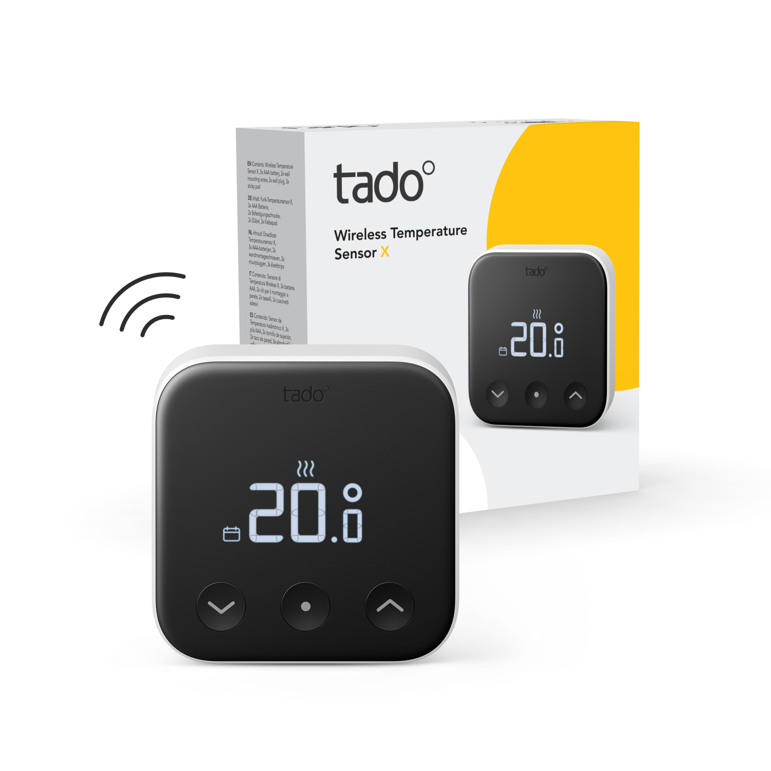 Black and white smart thermostat with a white box.