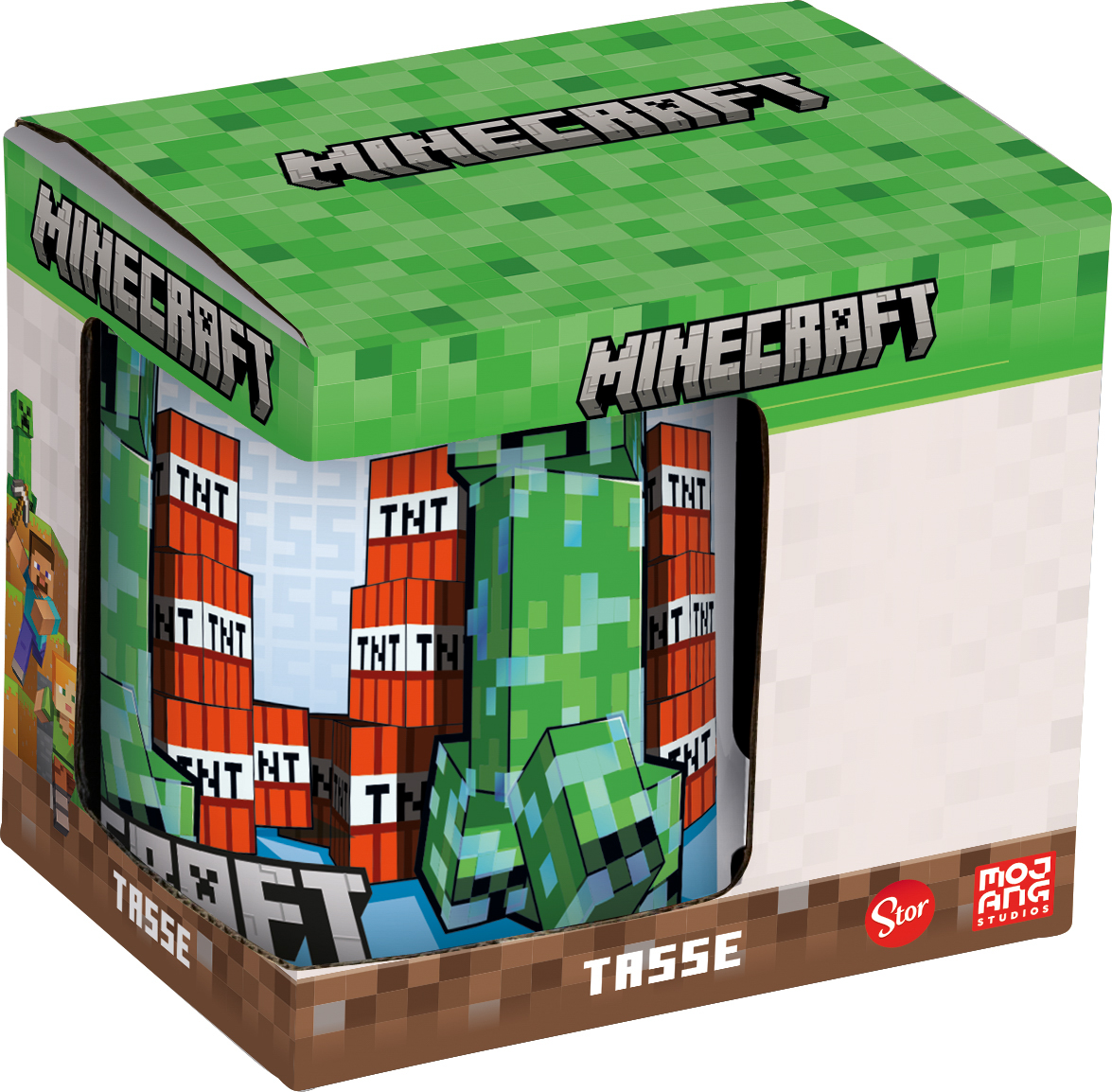 Eine Minecraft-Tasse mit TNT-Blöcken auf der Vorderseite und einem grünen Creeper an der Seite.