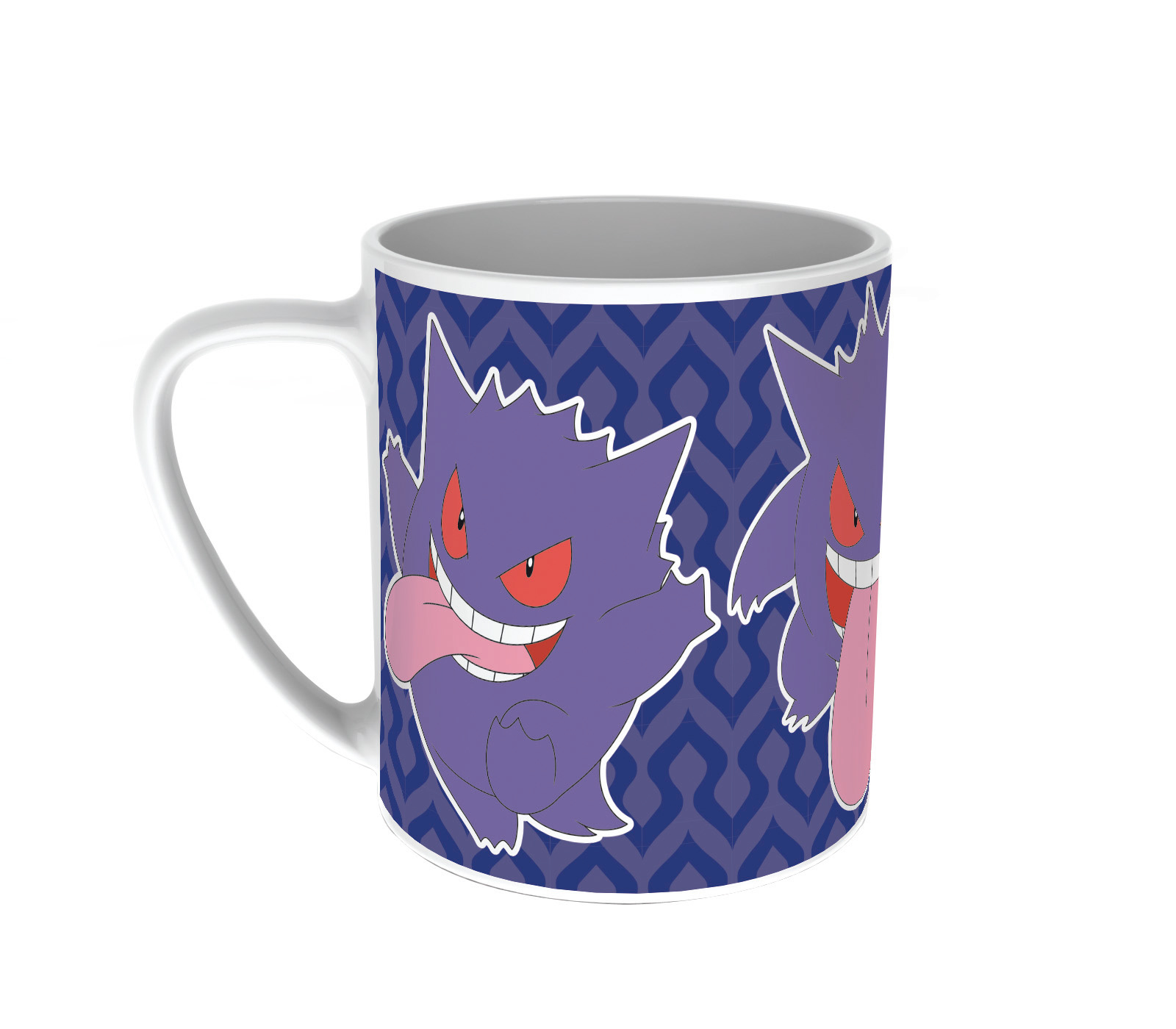 Weiße Tasse mit einem lila Cartoon-Charakter-Design. Charakter hat rote Augen und lange Zunge.