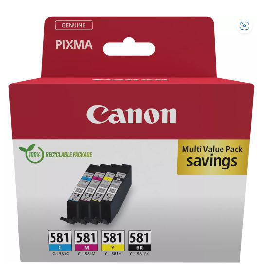 Canon Tintenpatronenbox. Rote Box mit Canon-Logo und Tintenpatronen vorne.