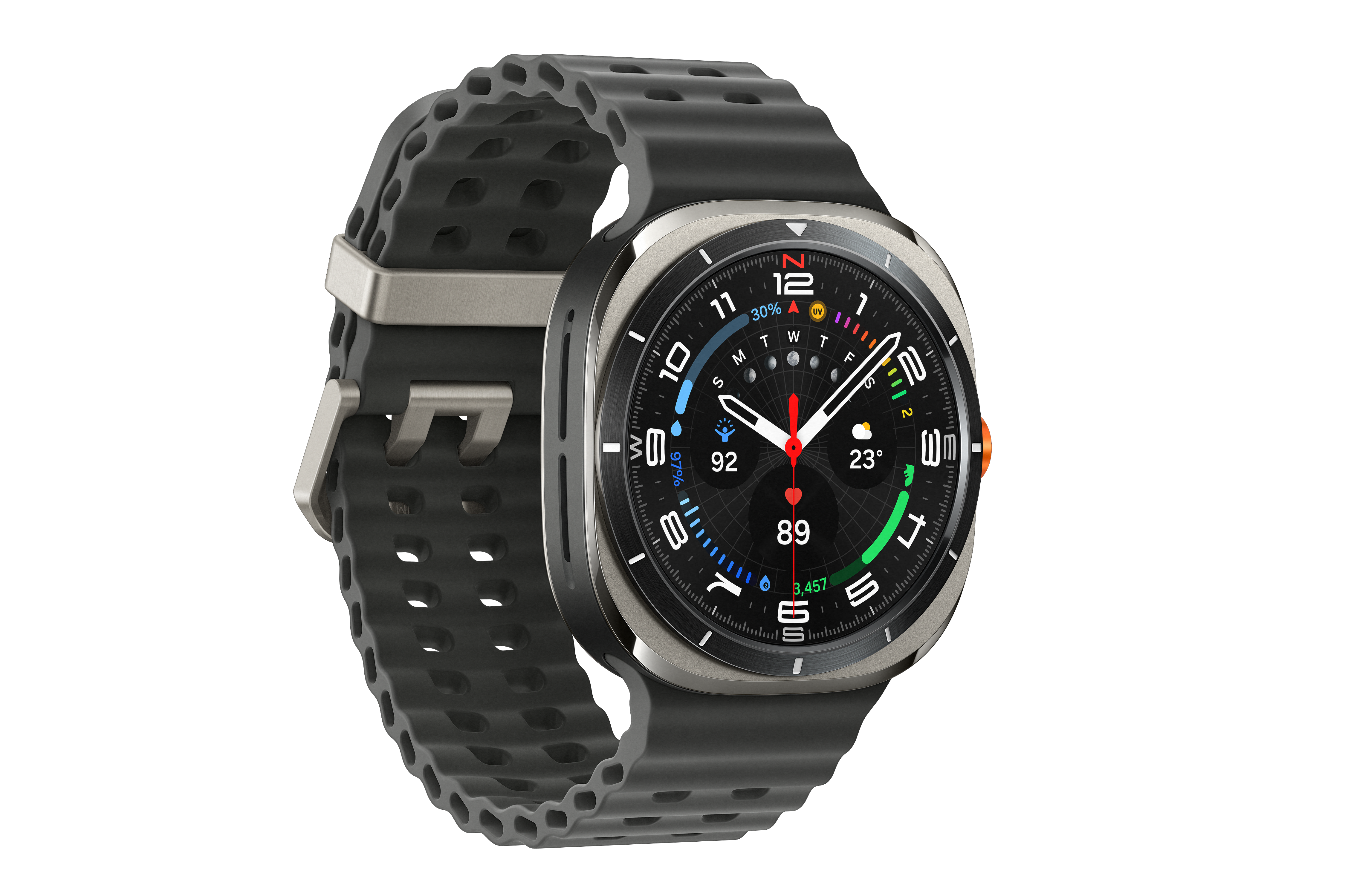 Smartwatch mit schwarzem Bildschirm und grauem Armband.