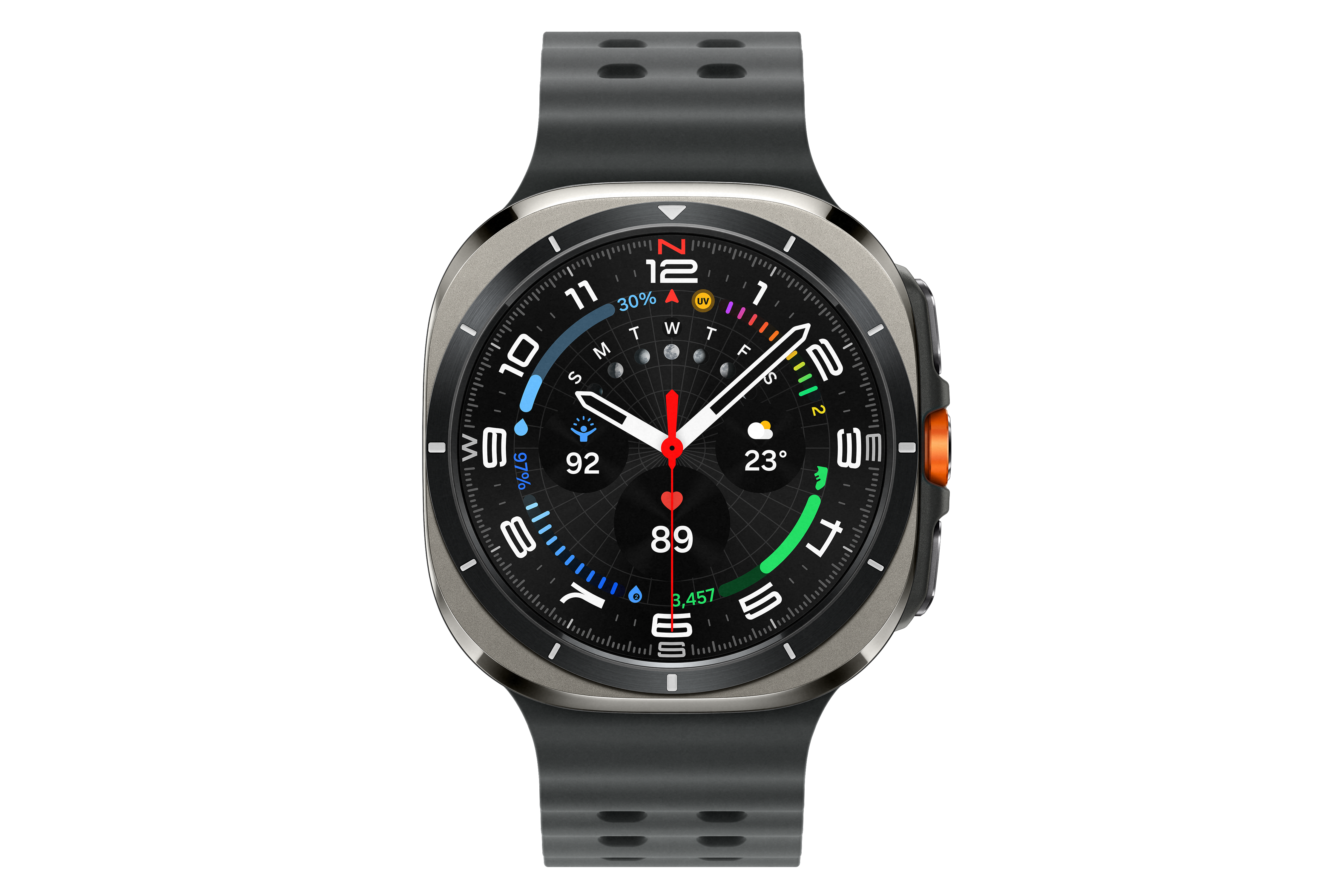 Eine Smartwatch mit schwarzem Armband zeigt die Uhrzeit und Statistiken an.