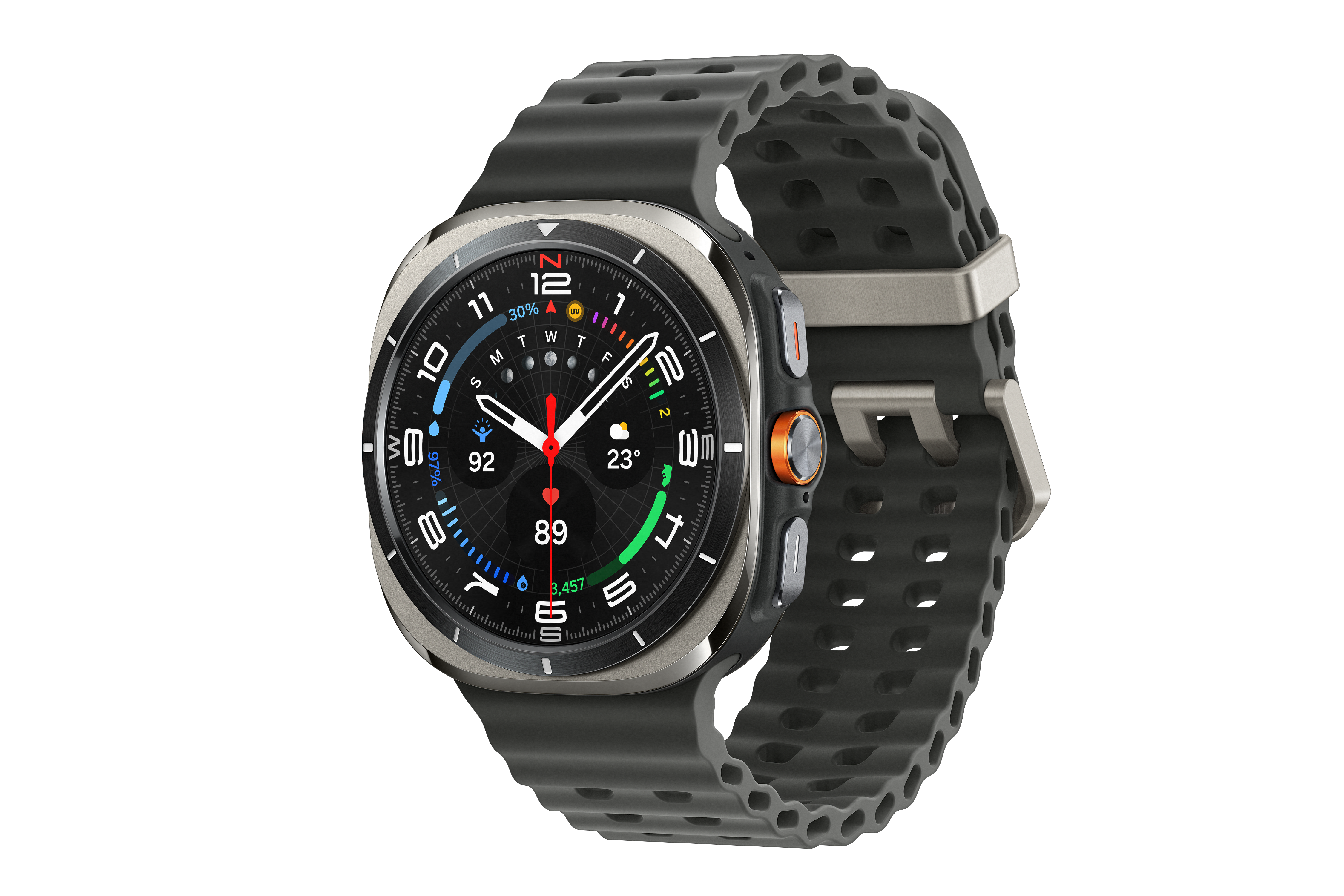 Silber-schwarze Smartwatch mit orangefarbenen Akzenten auf schwarzem Hintergrund.