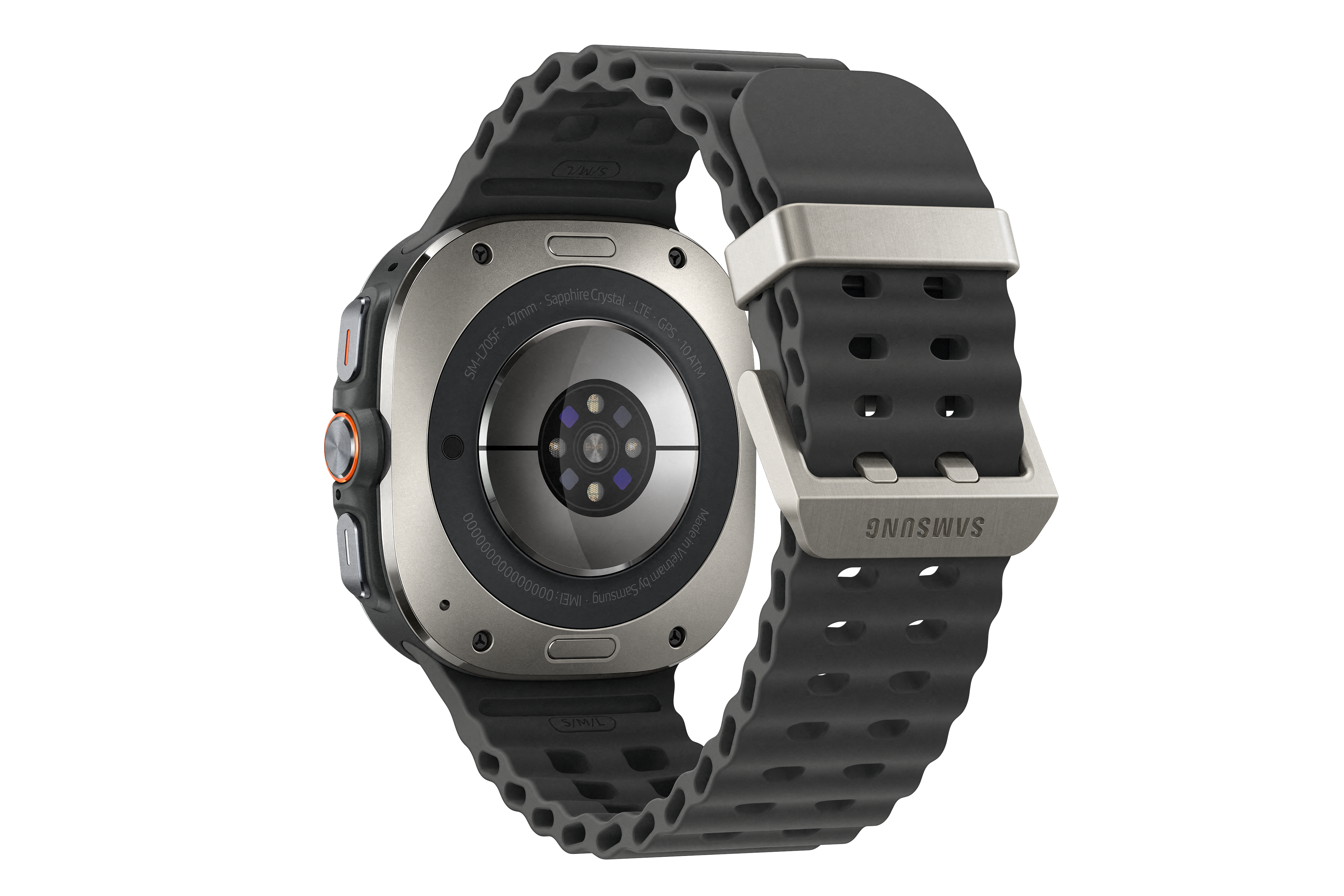 Die Rückseite einer silbernen Smartwatch mit grauem Armband auf schwarzem Untergrund.
