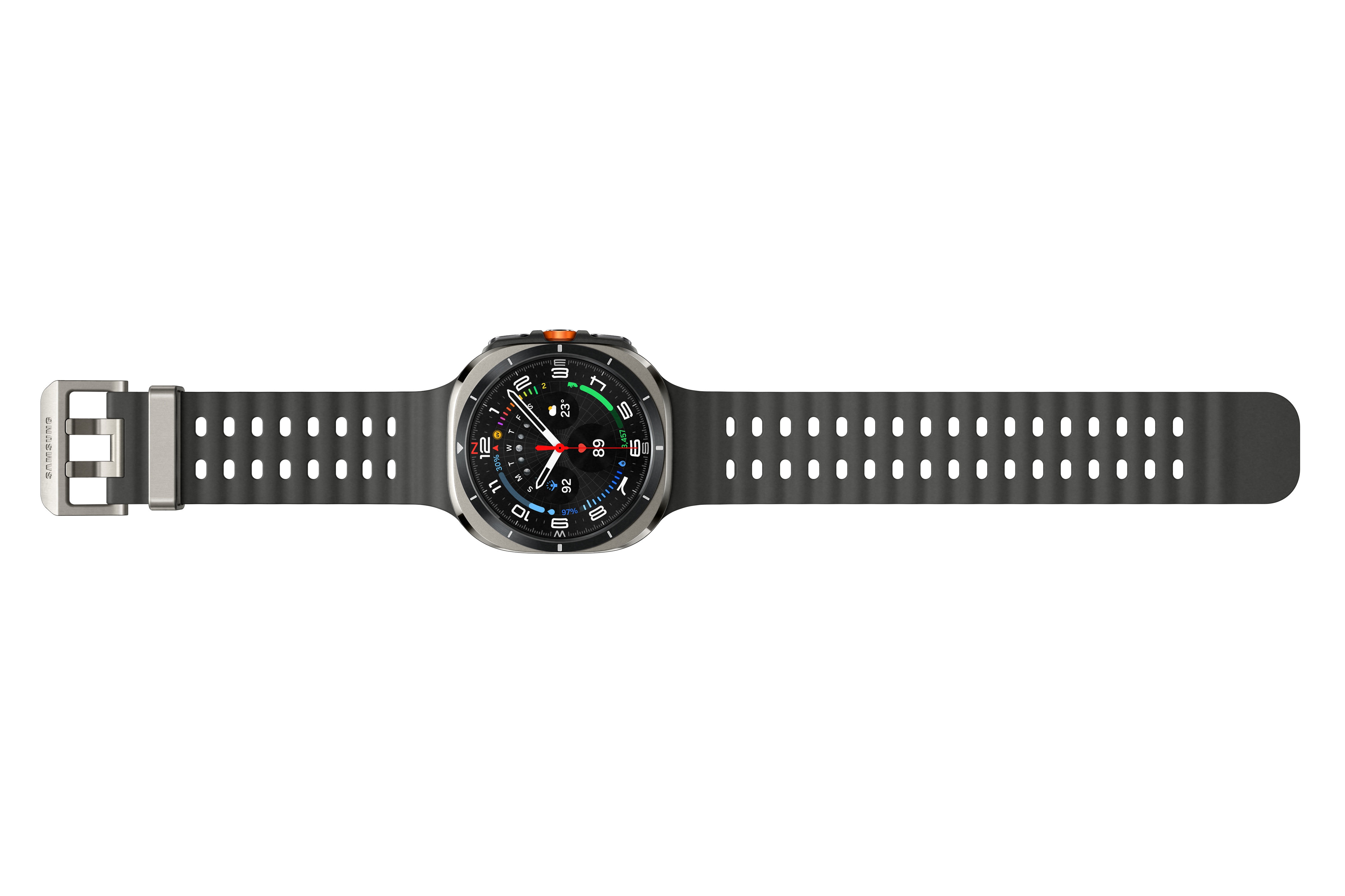 Eine Smartwatch, schwarzes Armband, silberne Lünette, schwarzer Hintergrund. Zeigt Zeit und Daten.