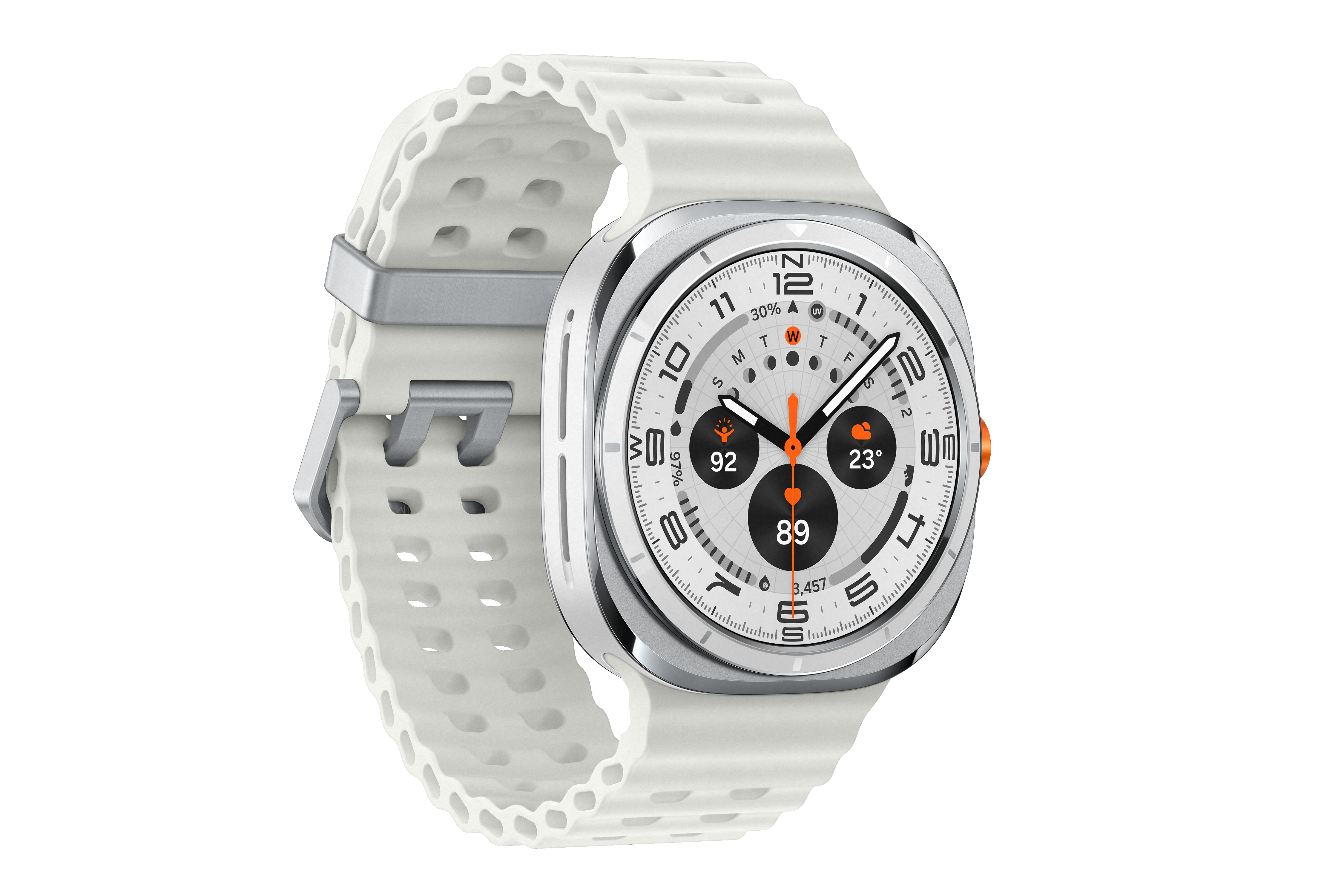 Silberne Apple Watch mit weißem Armband, zeigt ein digitales Zifferblatt mit vielen Details.