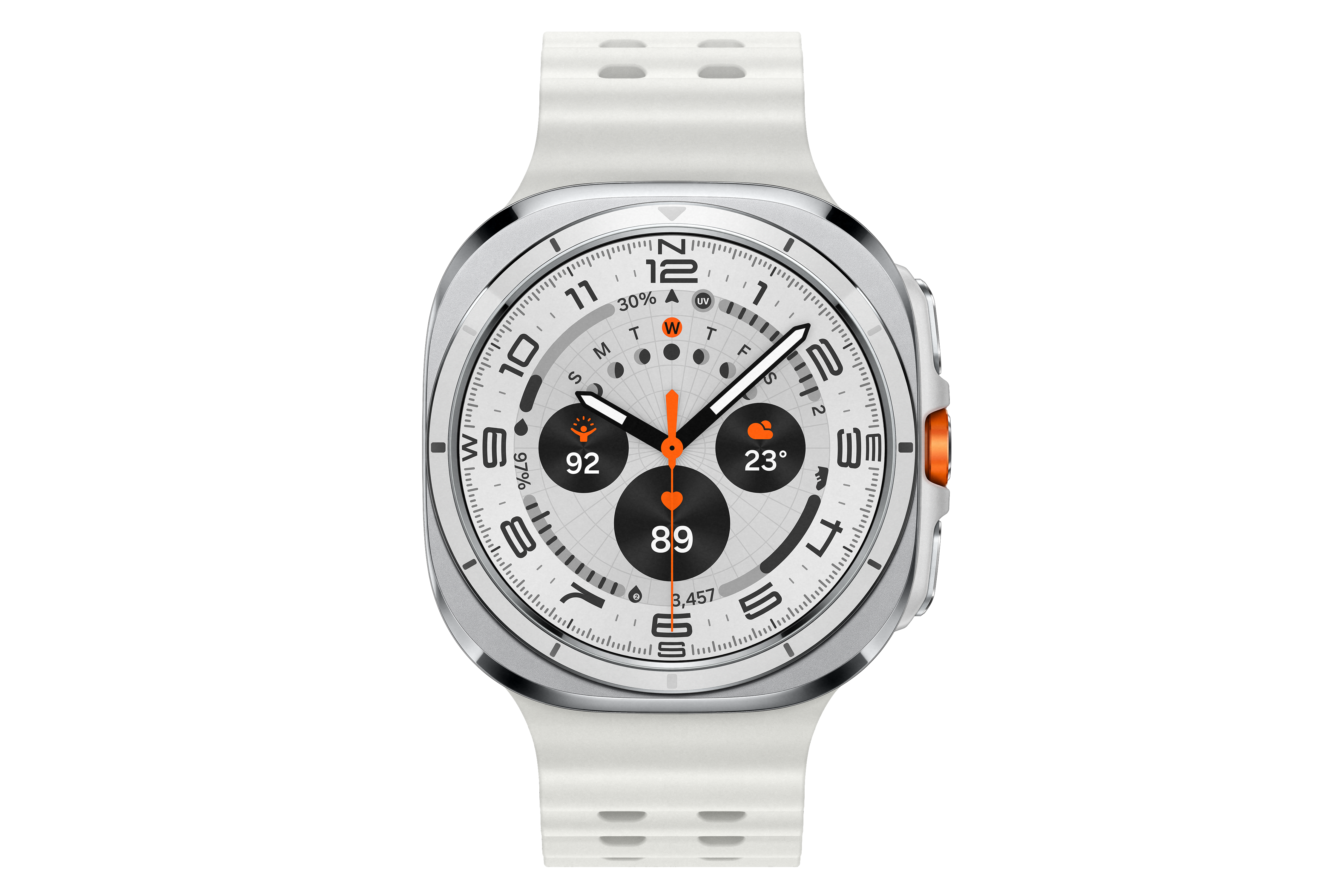 Smartwatch mit weißem Armband und silbernem Gehäuse. Zeigt Zeit, Schritte, Herzfrequenz, Wetter und Akku.