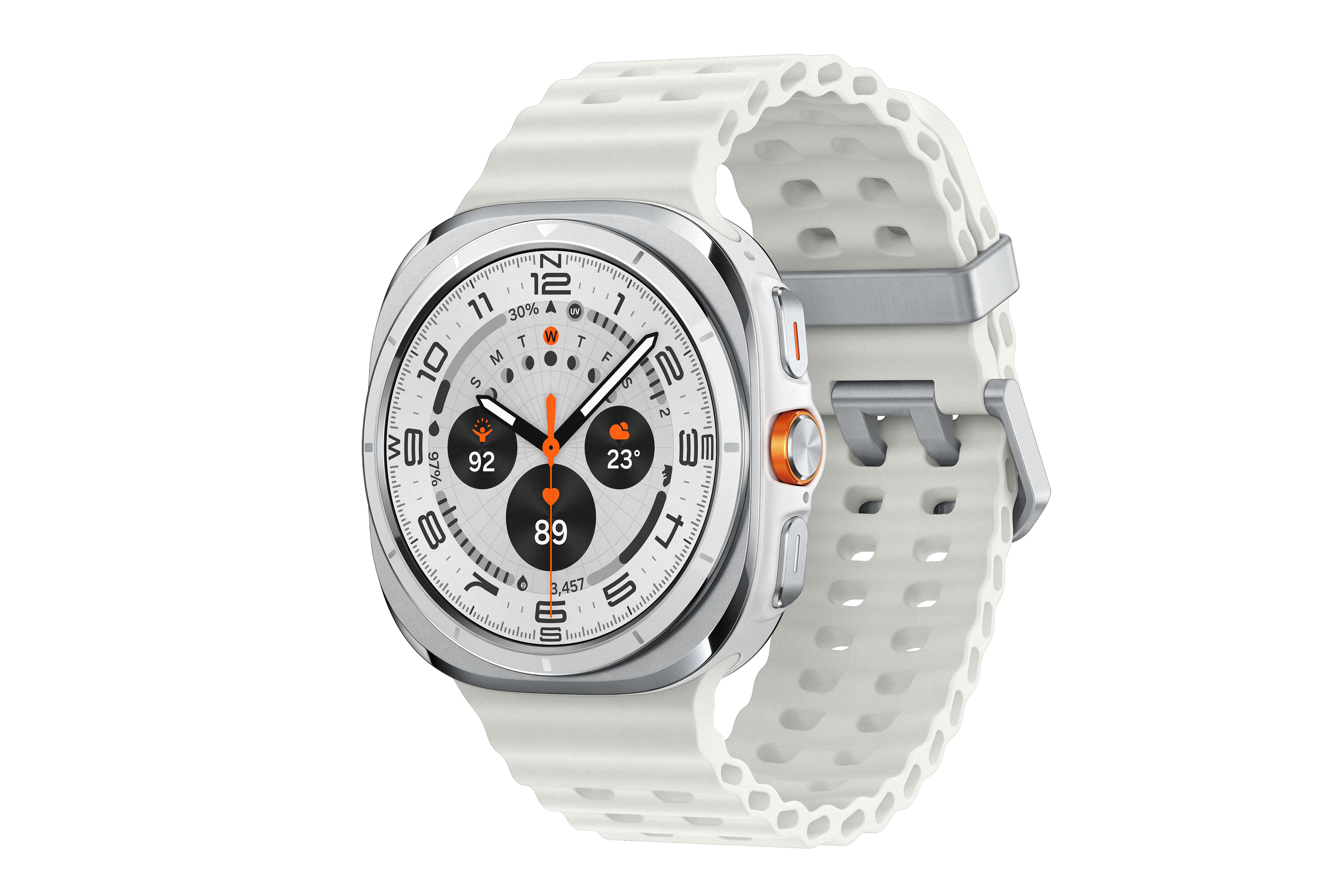 Weiße Smartwatch mit weißem Armband, schwarzer Hintergrund.